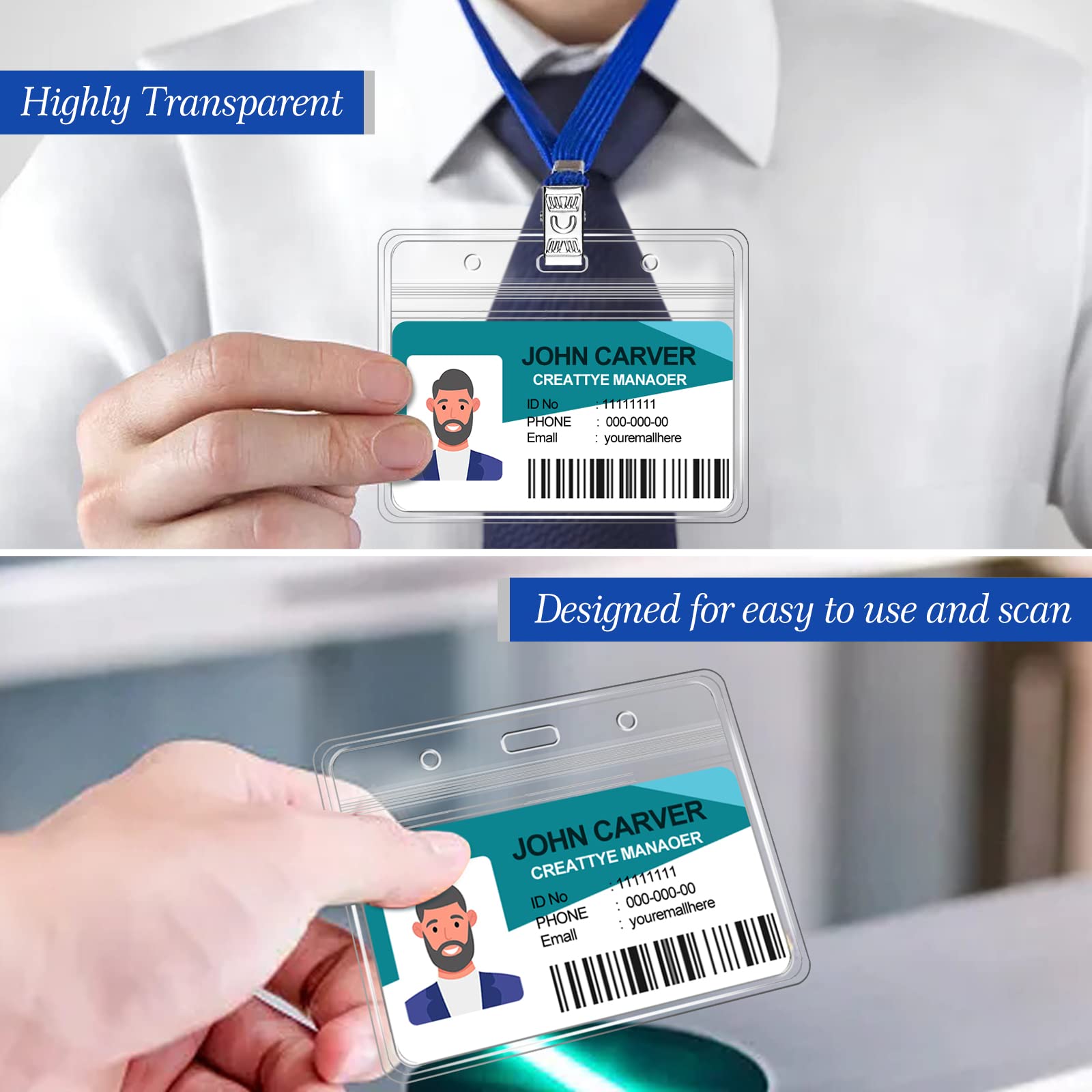 100 szt. przezroczystych poziomych identyfikatorów i 100 szt. smyczy, wielokrotnego użytku, do uchwytu na identyfikator, uchwyt na identyfikator ze smyczami, dla dorosłych, dzieci, konferencji