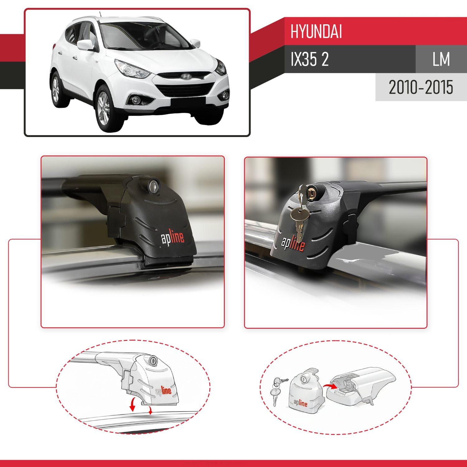 Kompatybilny z Hyundai ix35 2 (LM) 2010-2015 Aluminiowy bagażnik dachowy – 2 poprzeczki, czarne