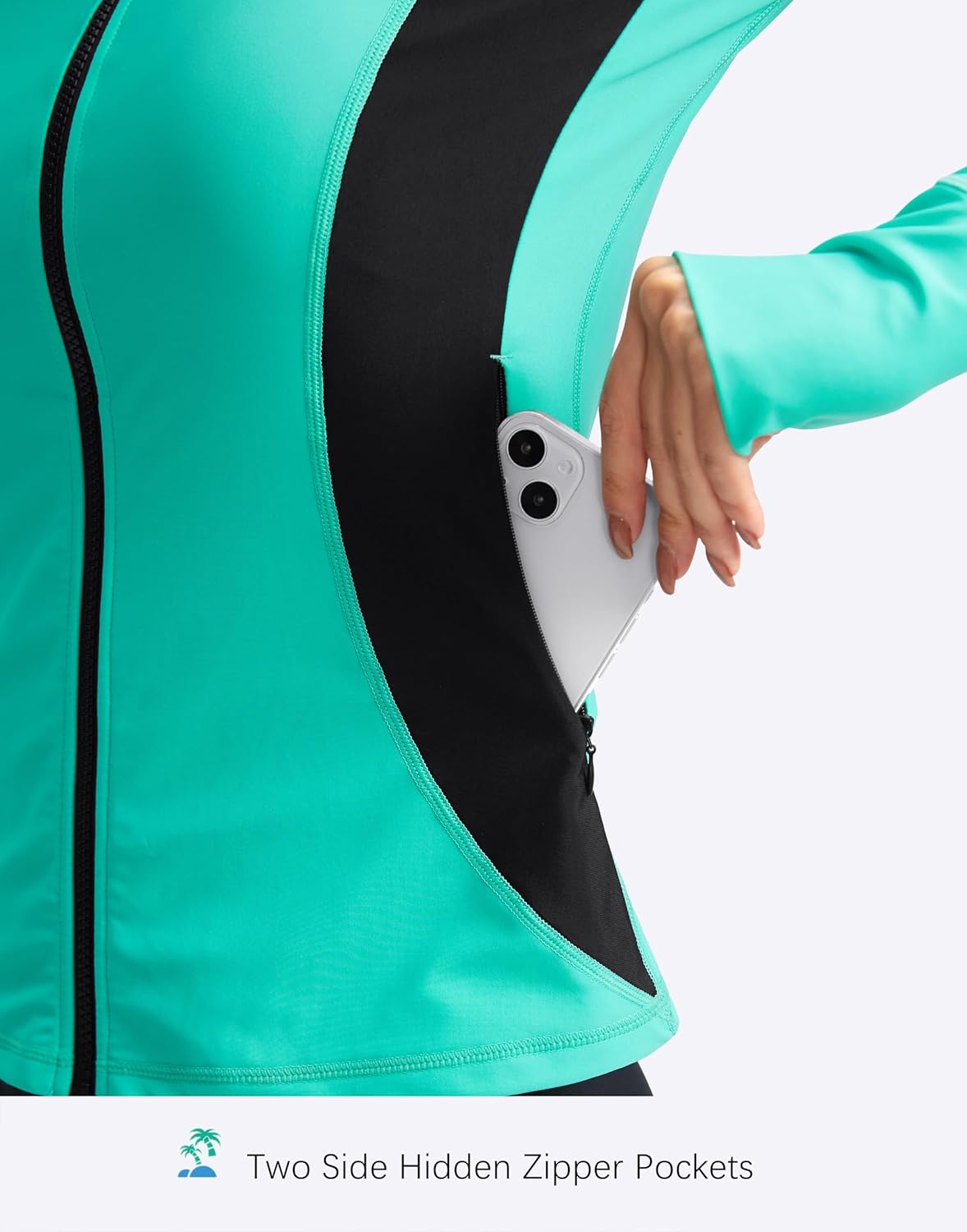 SANTINY Women's Rash Guard Zipper Pockets UPF50+ Sun Protection Long Sleeve Swimsuit Top Zip Front Swim Shirt for Women - Image 4