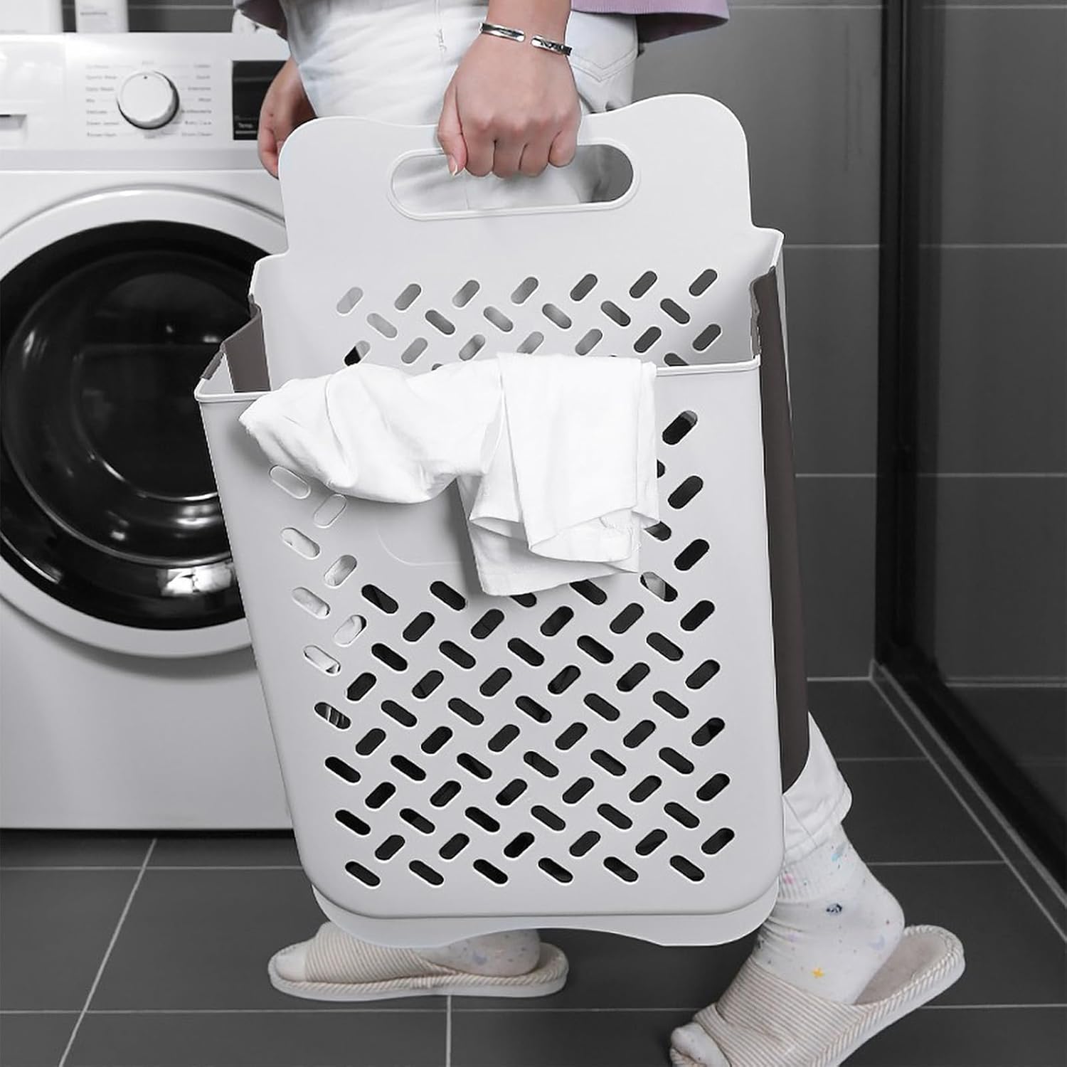 Plastic Collapsible Hanging Laundry Baskets with Carry Handle, Space-Saving Wall Hanging Laundry Basket Durable Tall Folding Plastic Laundry Hamper Waterproof Dirty Clothes Organizer XL L