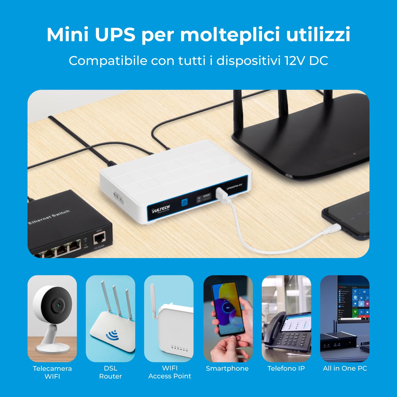 VulTech UPS60PW-DC Rev. 2.1 Weiß Mini USV 6000 mAh 60 Watt tragbare unterbrechungsfreie Stromversorgung für Router Wireless Modem Kamera Power Bank Smartphone Eingang 100-240 VAC USB 5 V DC 12 V