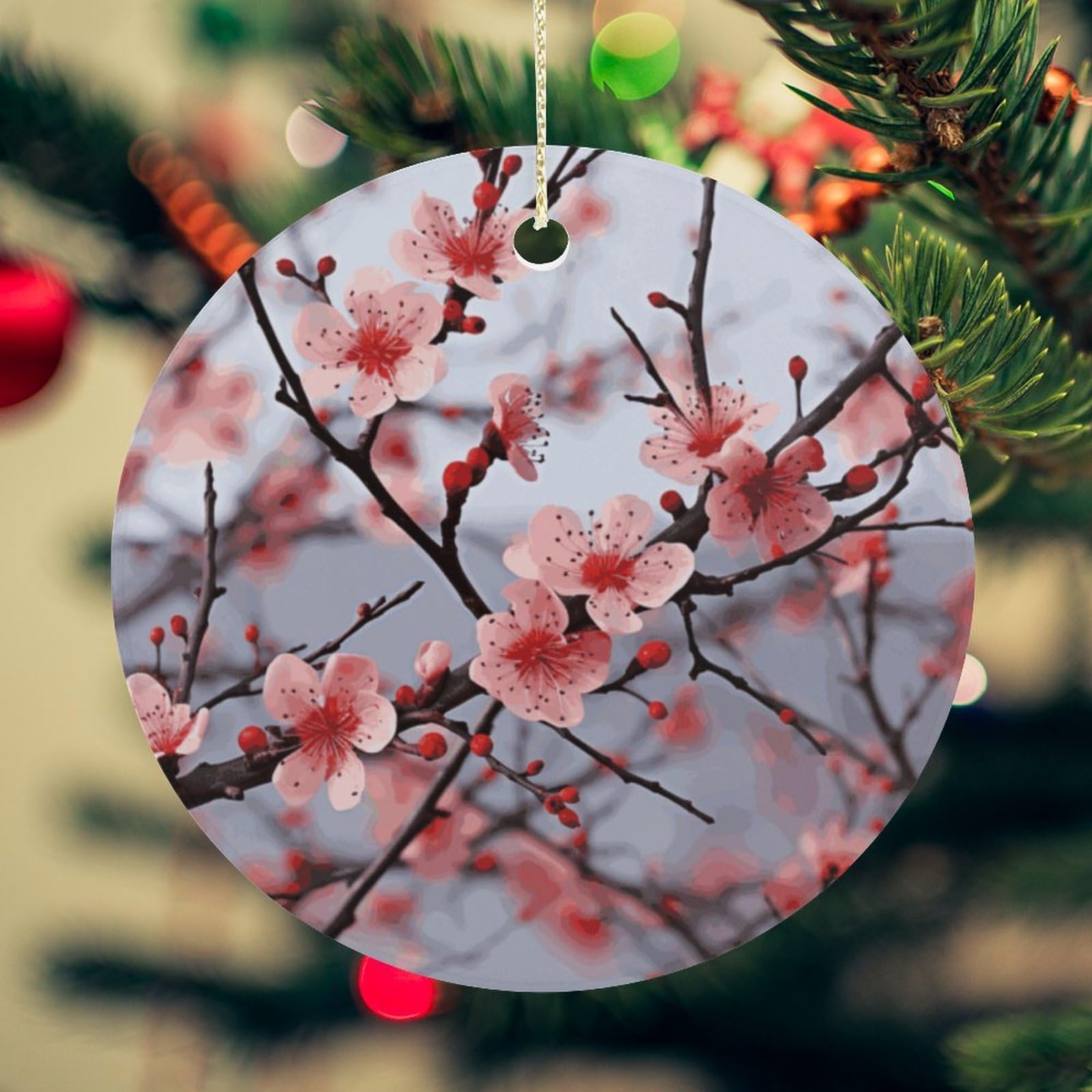 Delicate Cherry Blossoms Christmas Ornament for Christmas Tree Ceramic Round Ornament Winter Holiday Keepsake Gift 2.7" Christmas Tree Hanging Decorations Circle Ceramic Pendant Xmas Gift