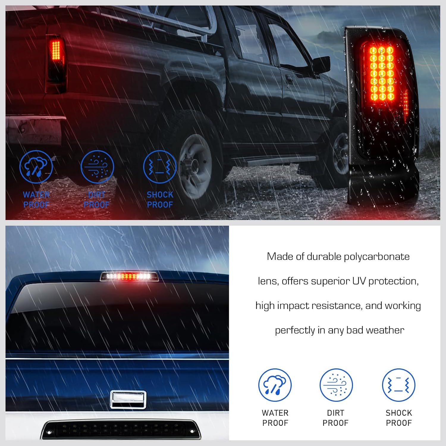 LED Tail Light + 3rd Brake Light Kit for Dodge Ram 1500 1994-2001, for Dodge Ram 2500 3500 1994-2002, Rear Brake Cargo Lamp Taillight Assembly, Black Housing Smoke Lens