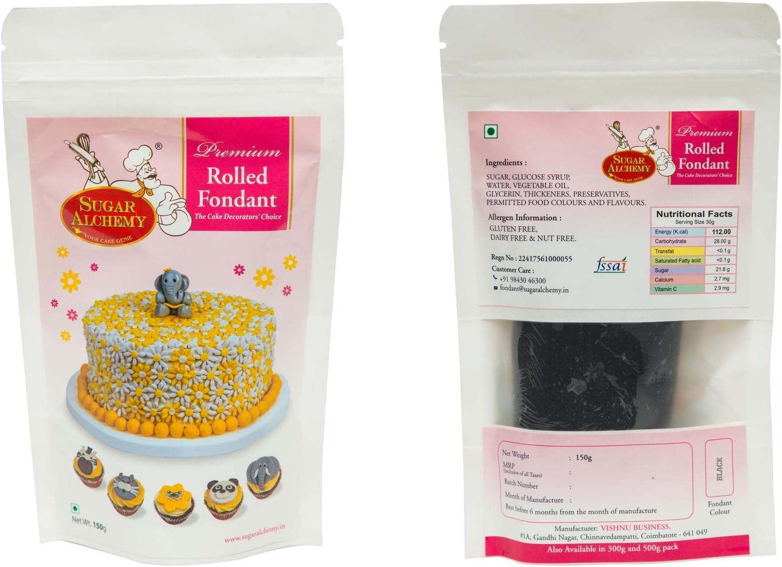 Sugar Alchemy® Fondant or Sugar Paste: 150g Black (Gold, 9 Colors, 4 Flavors & Sparkle Range, ₹140-550)