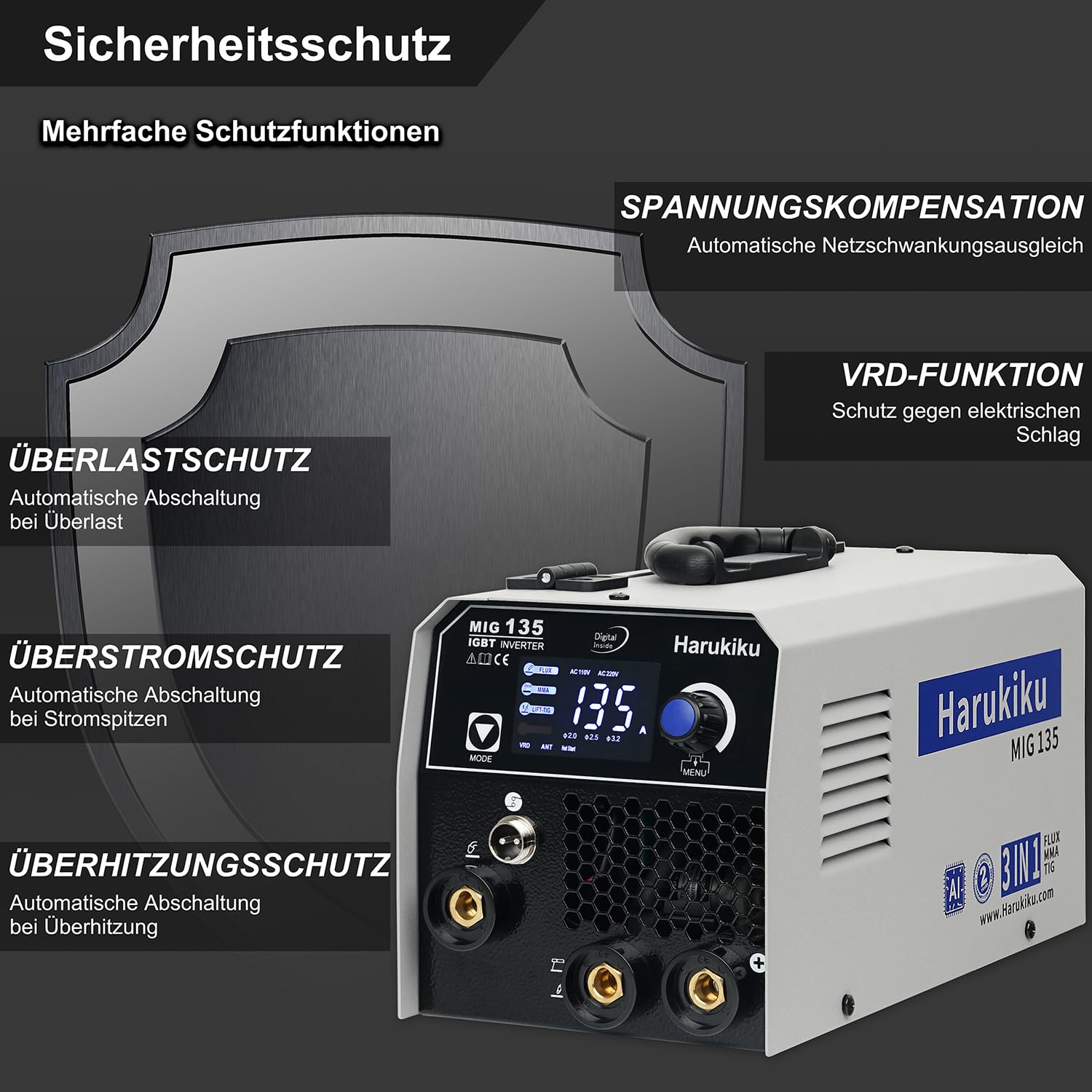 Harukiku135A Fülldraht Schweißgerät Ohne Gas,3-in-1 Elektroden Schweißgerät (Flux MIG/ARC,MMA/Lift WIG),mit Synergischem Drahtvorschub kompakter IGBT Inverter Schweissgerät, für Profis & Home DIY