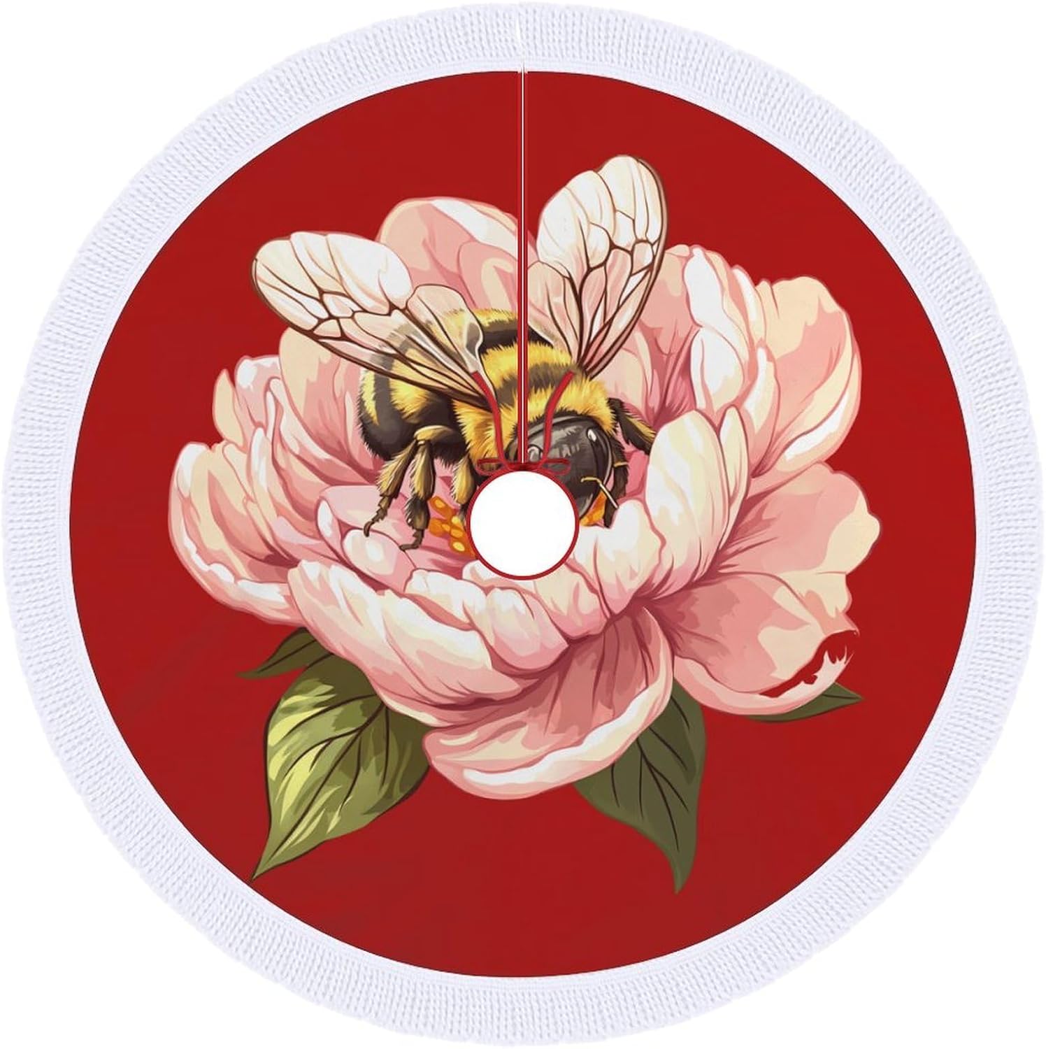 Bees Flowers Christmas Tree Skirt Round Xmas Tree Mat Ornaments Tree Skirts with Tassels for Holiday Party