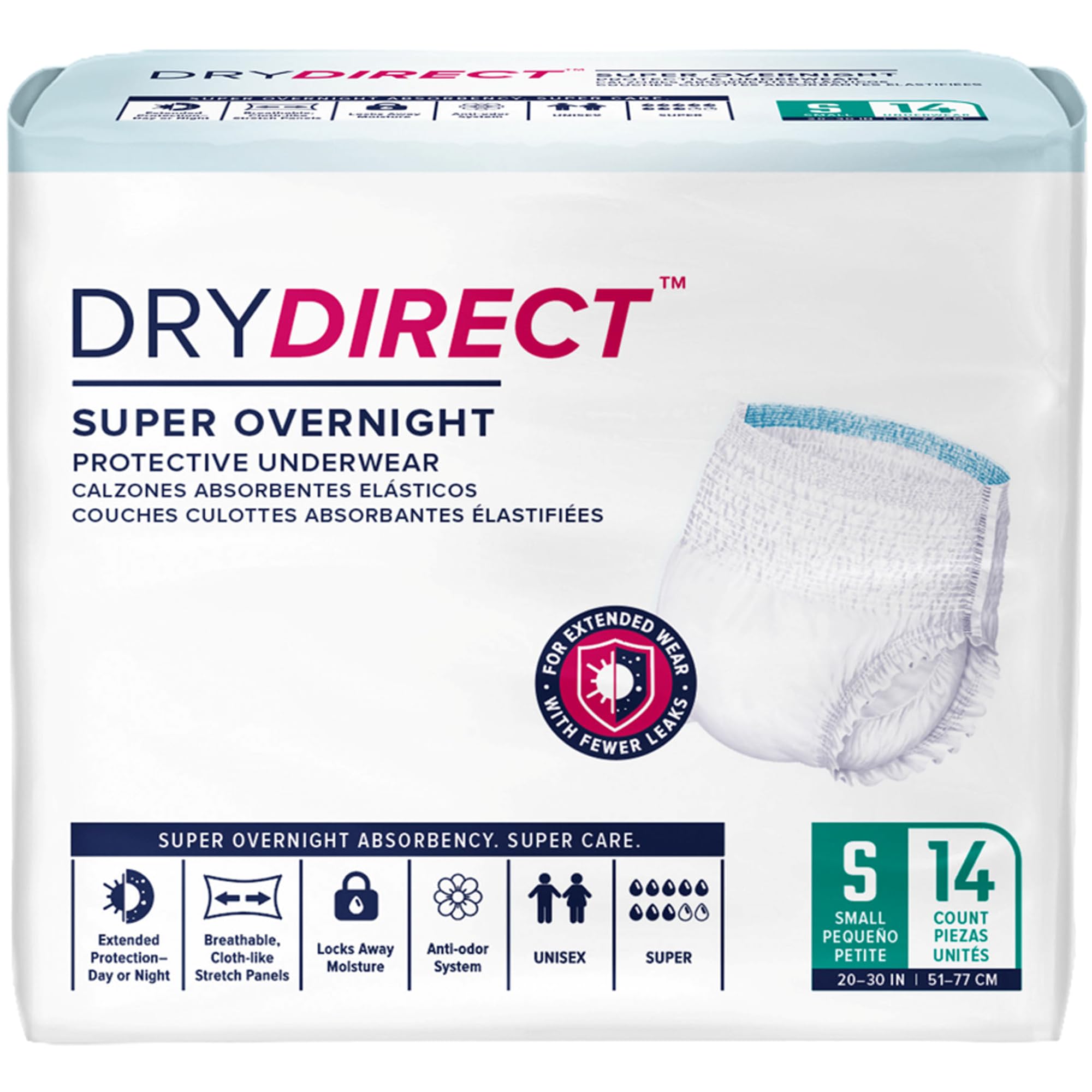 Dry Direct Super Overnight Underwear, Soft Cloth-Like Adult Diapers, Overnight Disposable Incontinence Protection - Small (Pack of 14)