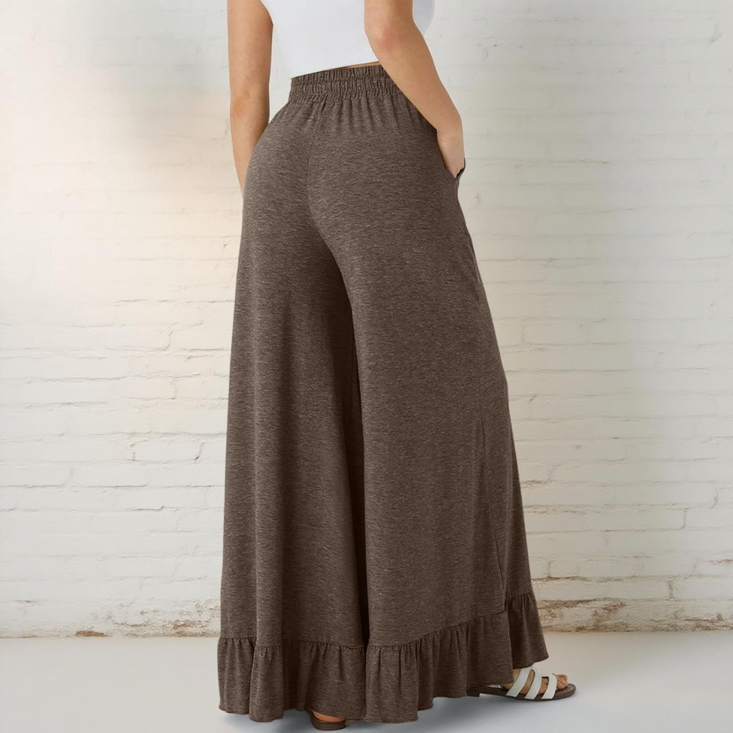 Womens Casual Palazzo Pants Ruffle Hem Wide Leg Trousers Drawstring High Waist Baggy Loose Fit Lounge Pants Pockets