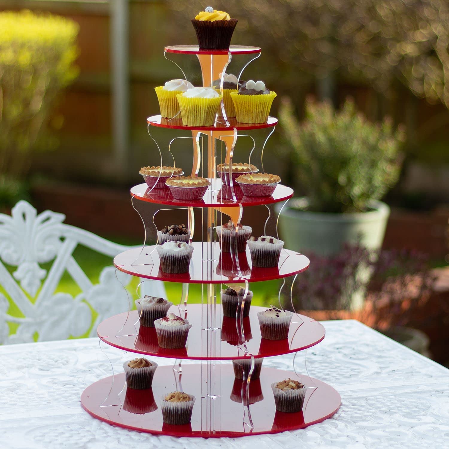 Yolli 6 Tier Red & Clear Acrylic Cake Cupcake Wedding Birthday Display Stand -1 Pc