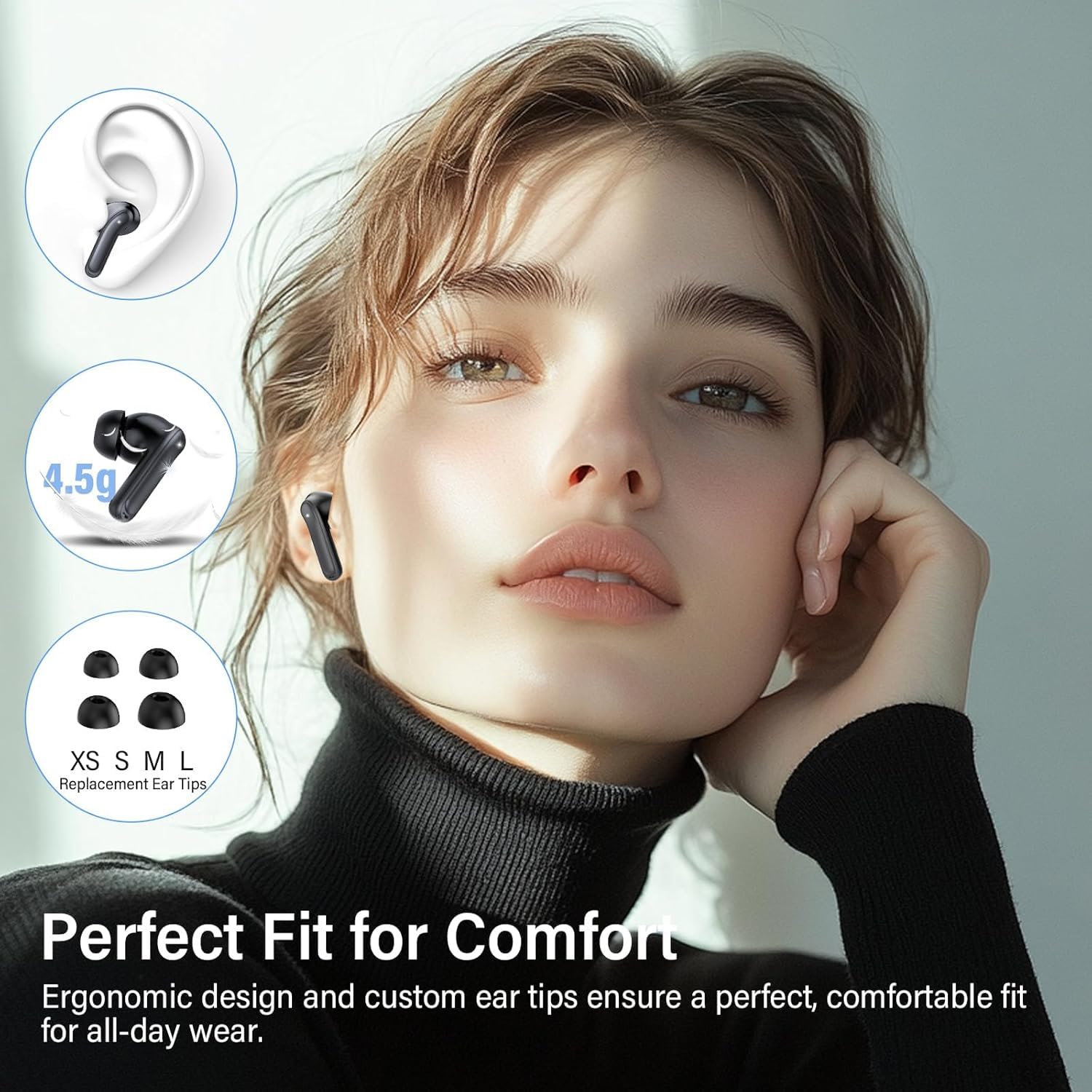 Cuffie Wireless con Cancellazione Rumore Attiva, ANC 6-Mic, 49Ore Musica, Hi-Res Bassi potenti Bluetooth 5.4 Auricolari con APP, 8 Modalità EQ, Ricarica Wireless, Cuffie Sport IPX7, Connessione Doppia