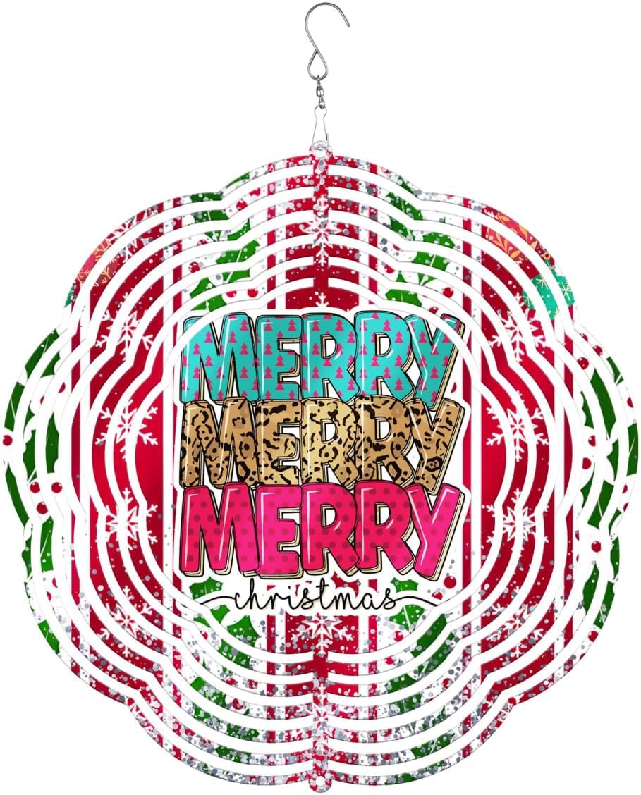 Merry Merry Merry Christmas Wind Spinners 3D Stainless Steel Laser Cut Metal Double Sided Printing-Hanging Indoor/Outdoor Decorations Yard Gardening Decor,Metal Kinetic Art 16x16 inches