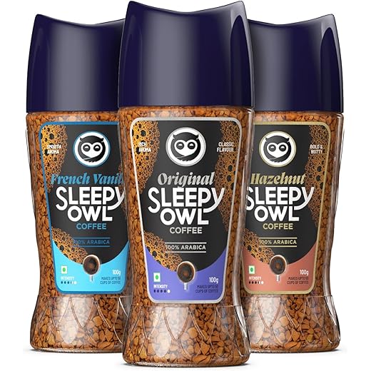 Sleepy Owl Instant Coffee Powder Pack of 3 | Premium Combo - Original, Hazelnut, French Vanilla | 100% Arabica Beans | Delicious Assorted Flavours | Ready in Seconds | Makes 150 cups | 100gm Each