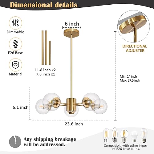 Miniatura 4 de Candelabro Sputnik de globo de 5 luces, candelabros Sputnik dorados de mediados de siglo, luz colgante de globo regulable, latón cepillado acabado