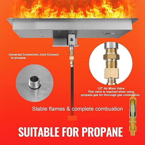 Miniatura 6 de VEVOR Sartén para hoguera de 24 x 8 pulgadas, kit de quemador rectangular de acero inoxidable, sartén de gas propano de 120,000 BTU con quemador H