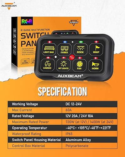 Miniatura 7 de Auxbeam Panel de interruptor de 8 bandas AR-820 Bluetooth RGB Panel de interruptor automático regulable con interruptor LED pulsado momentáneo,