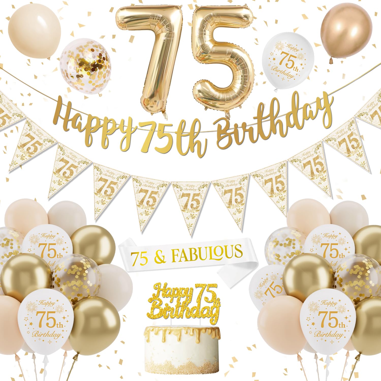 75th Birthday Decoration for Women Men, Gold White Birthday Balloons