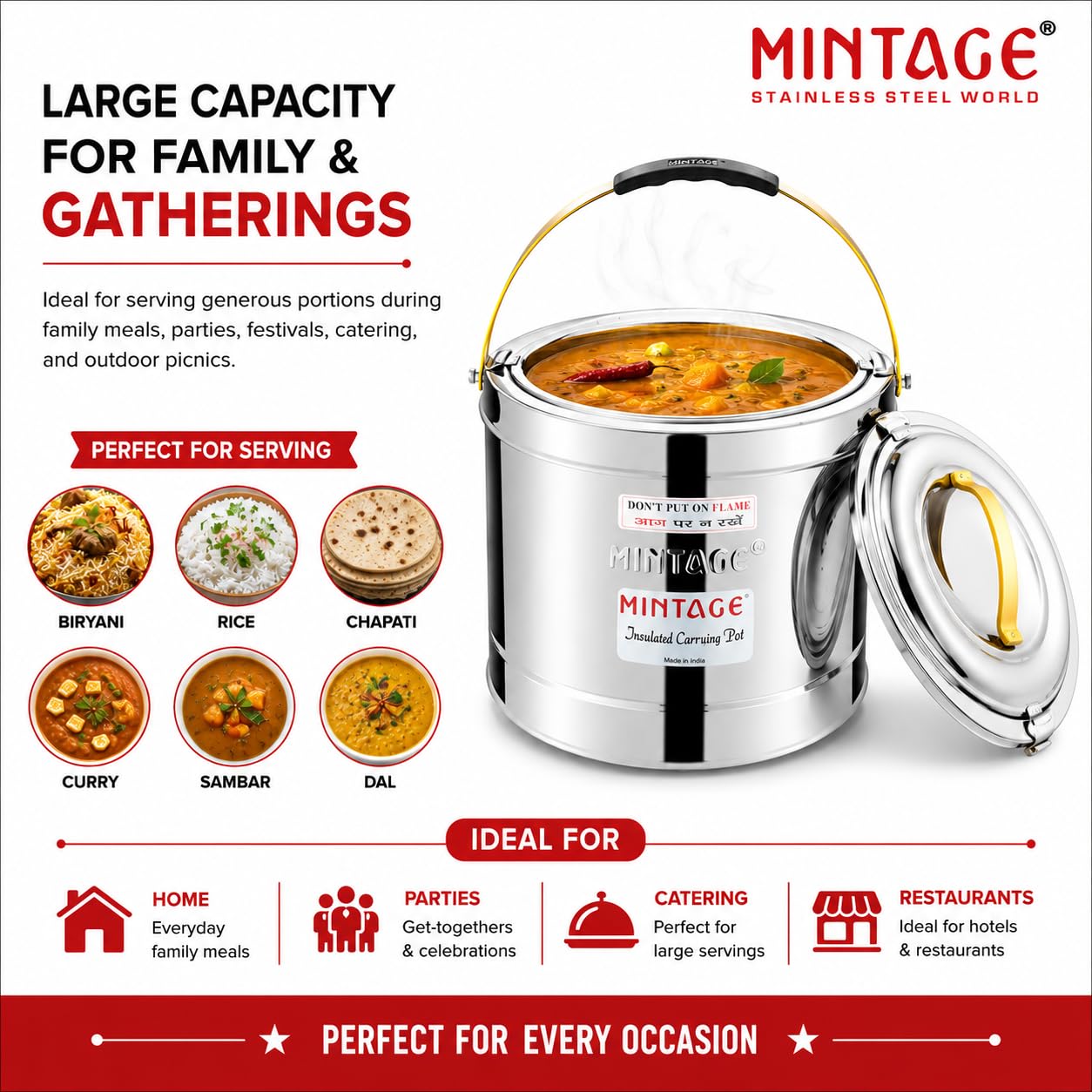 Mintage Sambar Pot Stainless Steel 5 Liters with Lid | Casserole for Cooking with Side Handles | Canteen & Hotel Container | Biryani Box Puff Insulated Hot & Cold 3