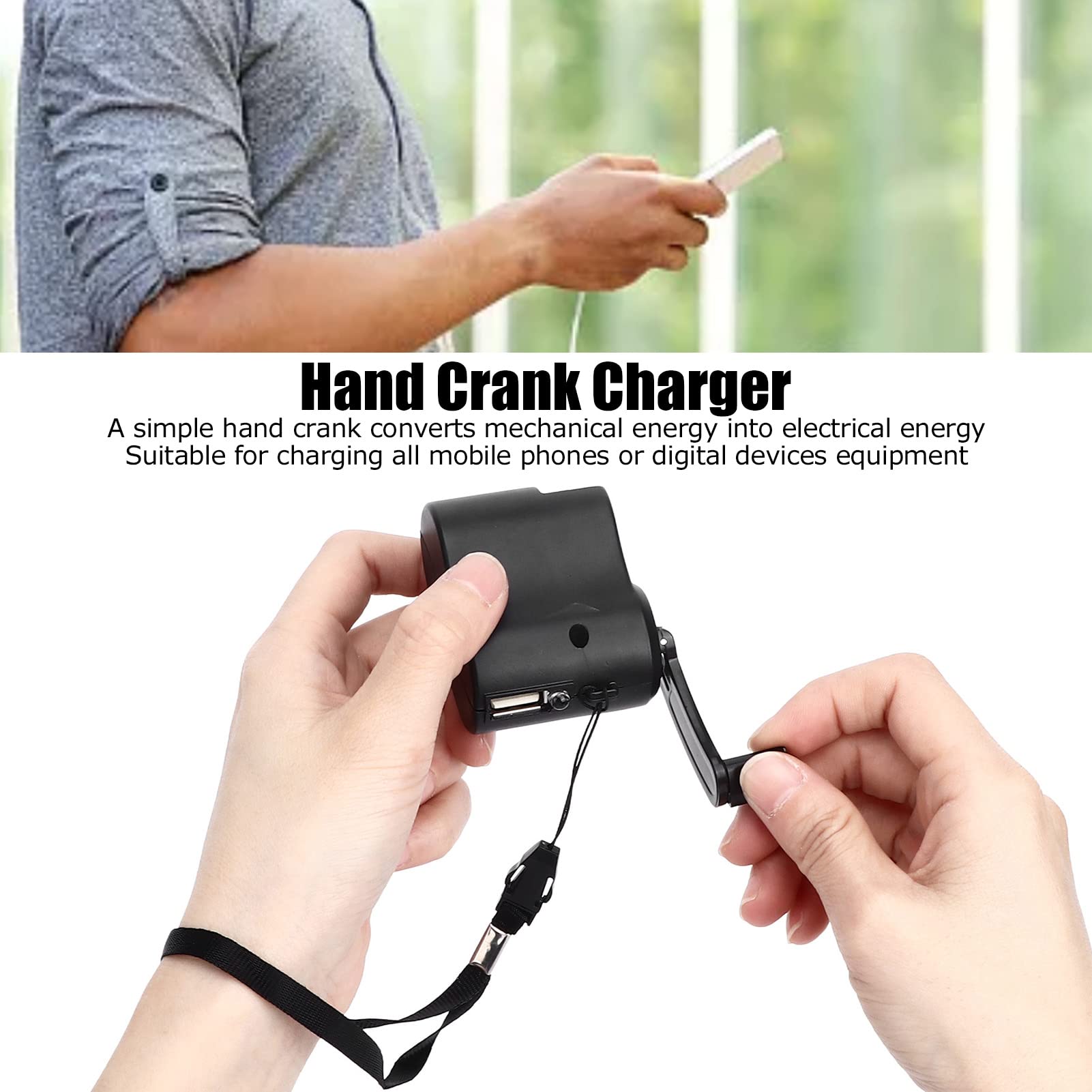Hand Crank Charger, Hand Crank Phone Charger Hand Crank Generator Emergency Charger USB Charger for Outdoor Hiking Camping (Black)
