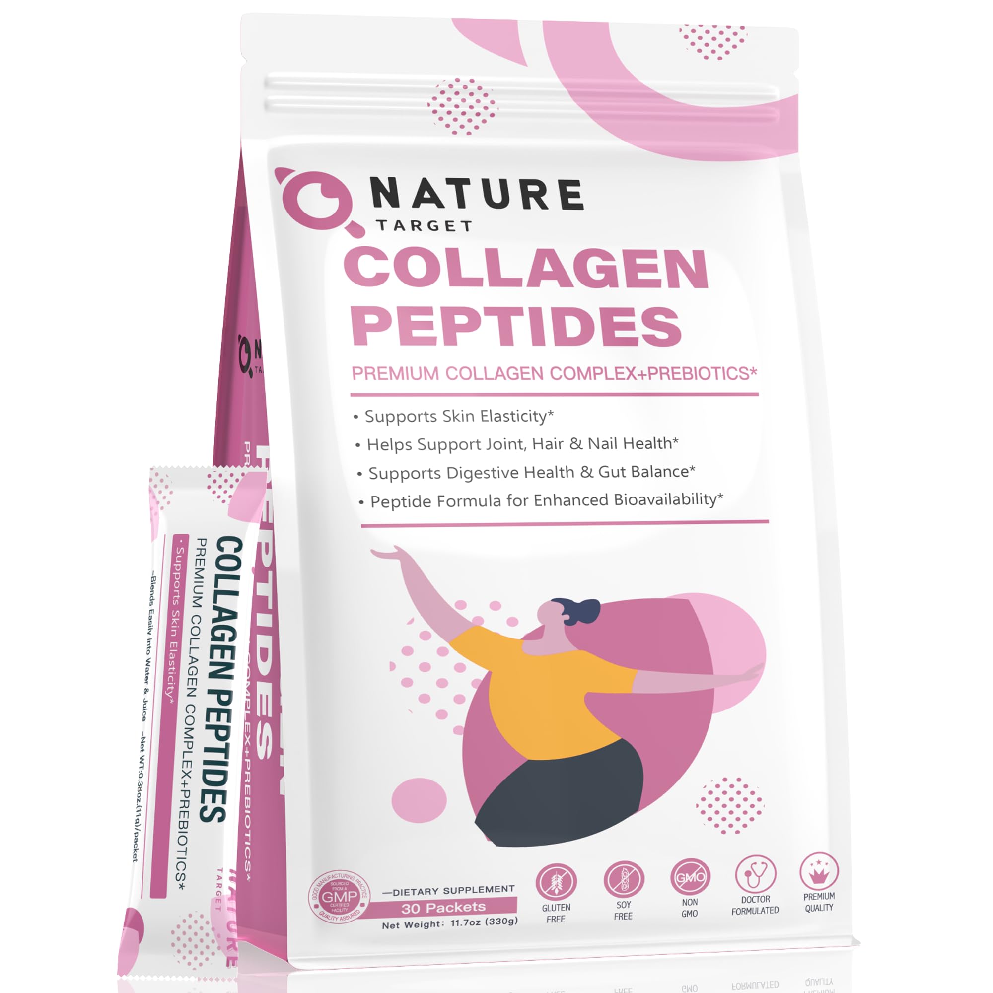 NATURE TARGET Collagen Peptides-Powder Multi-Collagen-Protein Powder for Women - Plus Prebiotics Promotes Hair, Skin, and Nail Health, Collagen for Digestion Supports Anti-Aging 30 Packets