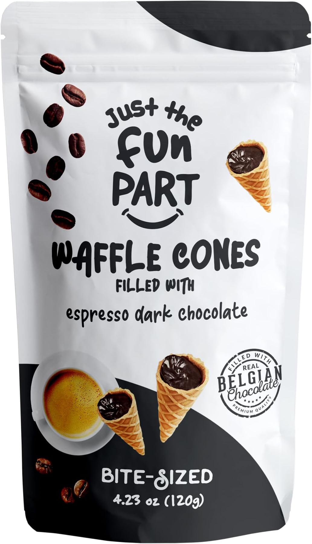 Just The Fun Part, Bite-Size Crispy Mini Waffle Cones with Premium Belgian Chocolate, Great for Snacks, Dessert, Grab & Go - Kosher (Espresso Dark Chocolate)