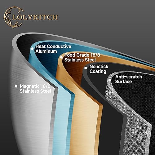 Miniatura 2 de LOLYKITCH Sartén híbrida de acero inoxidable de tres capas antiadherente de 6 cuartos con tapa, sartén de 12 pulgadas de profundidad, sartén grande,