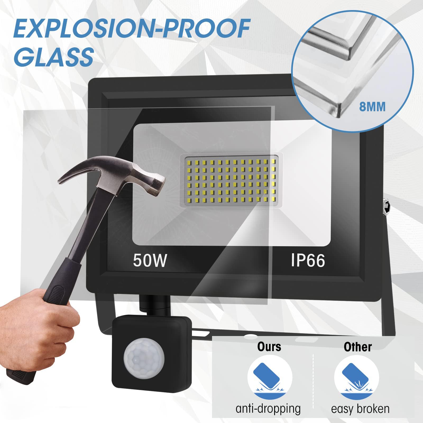 Jefedana 1*Faretto LED da Esterno con Sensore di Movimento 50W 5000LM Faro LED Esterno IP66 Impermeabile LED Esterno Bianco Freddo 6000K Lampada a Rsparmio LED per Cortile, Campo da Basket