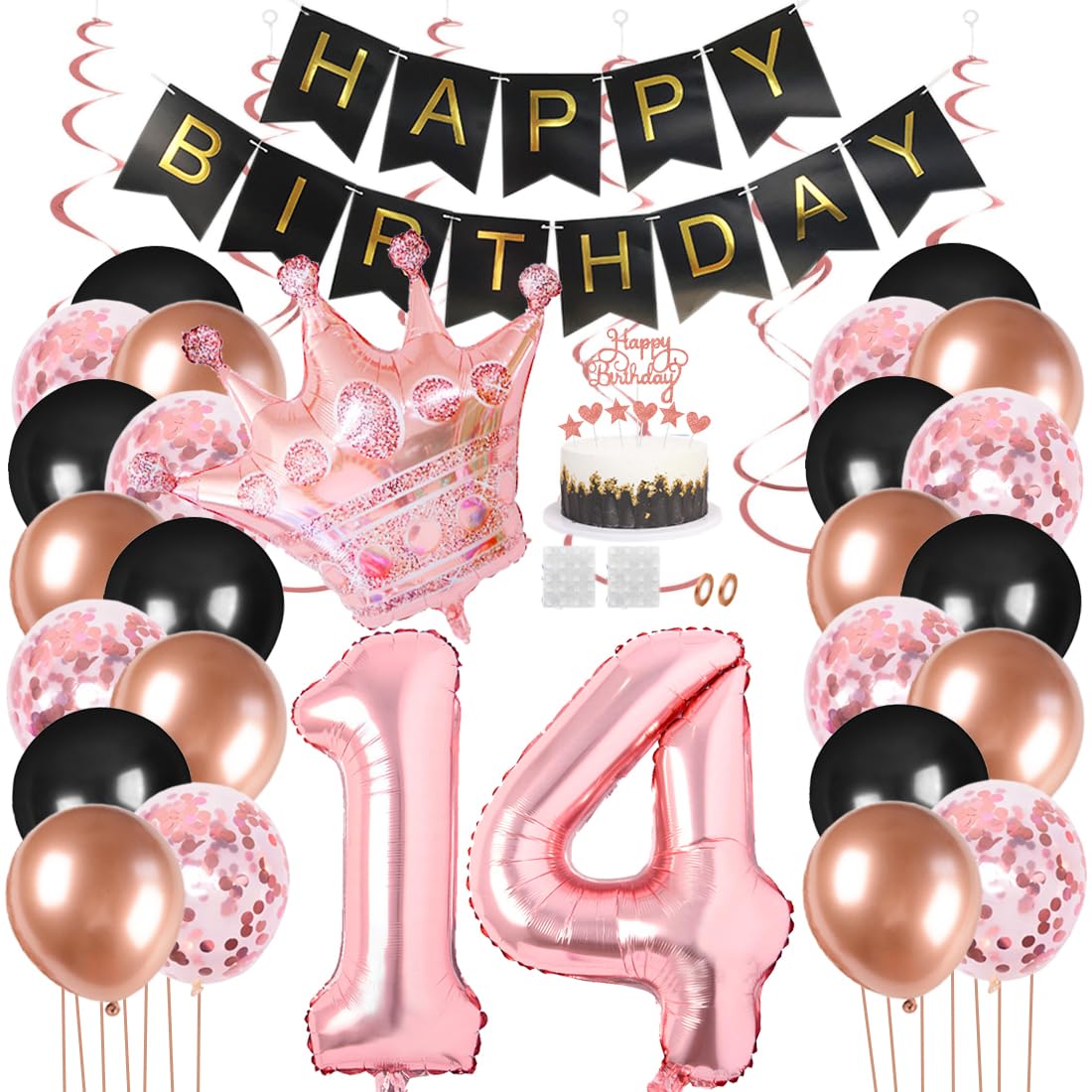 Juland 14th Birthday Party Decorations Black Gold Rose Happy Birthday Banner Latex Balloon Confetti Balloon Pink Crown 14 Number Foil Balloon Hanging Swirl with Cake Topper for Boy Girl Men Women