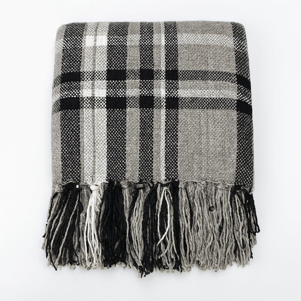 Fennco Styles Chenille Woven Plaid Tassel Throw Blanket 50" W x 60" L - Grey Soft Blanket for Bed, Couch, Sofa, Home, Office and Holidays Décor