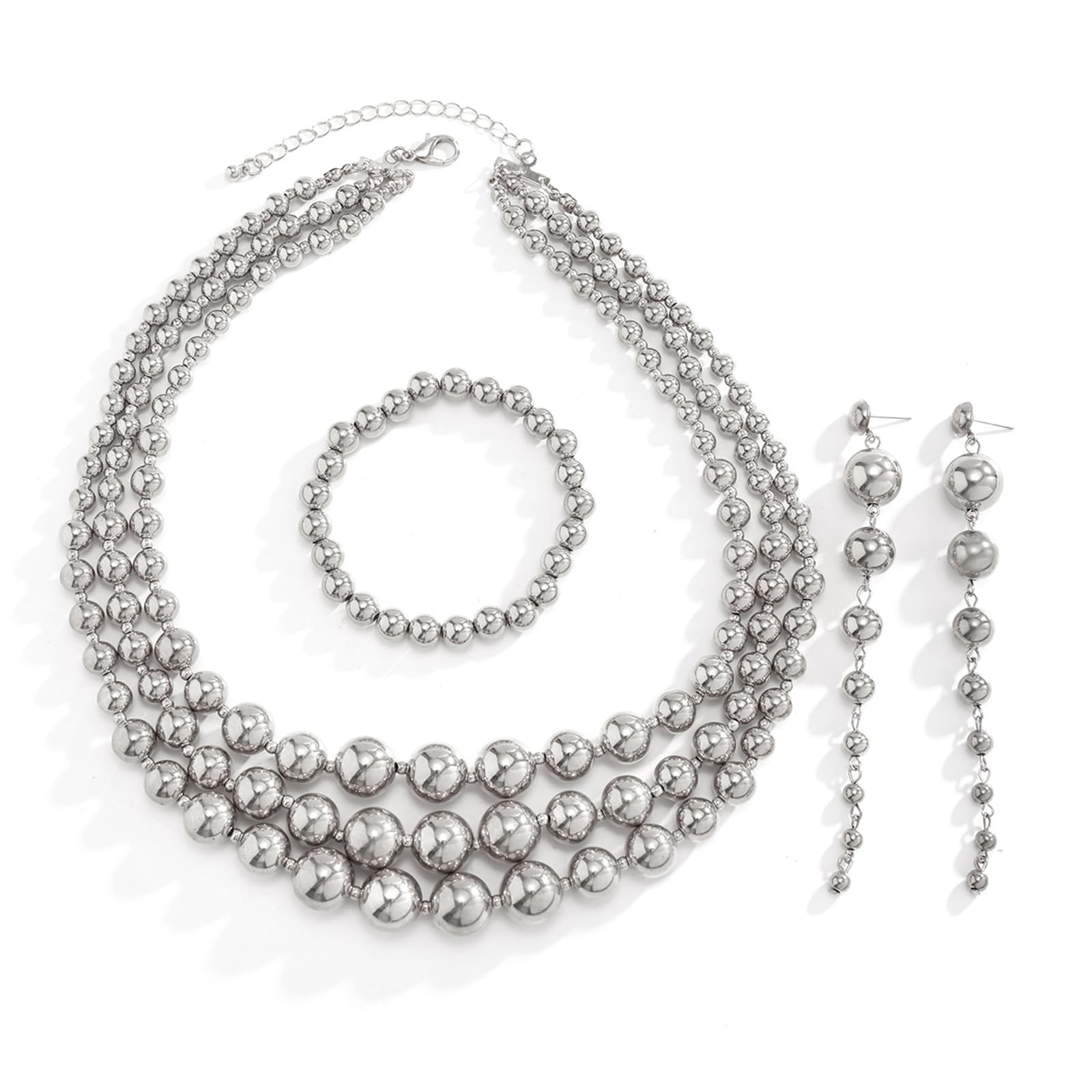 YBMYCM Gold-plated Beaded Jewelry Set Chunky Multi Strands Choker Necklace Bracelet Earrings Set for Women