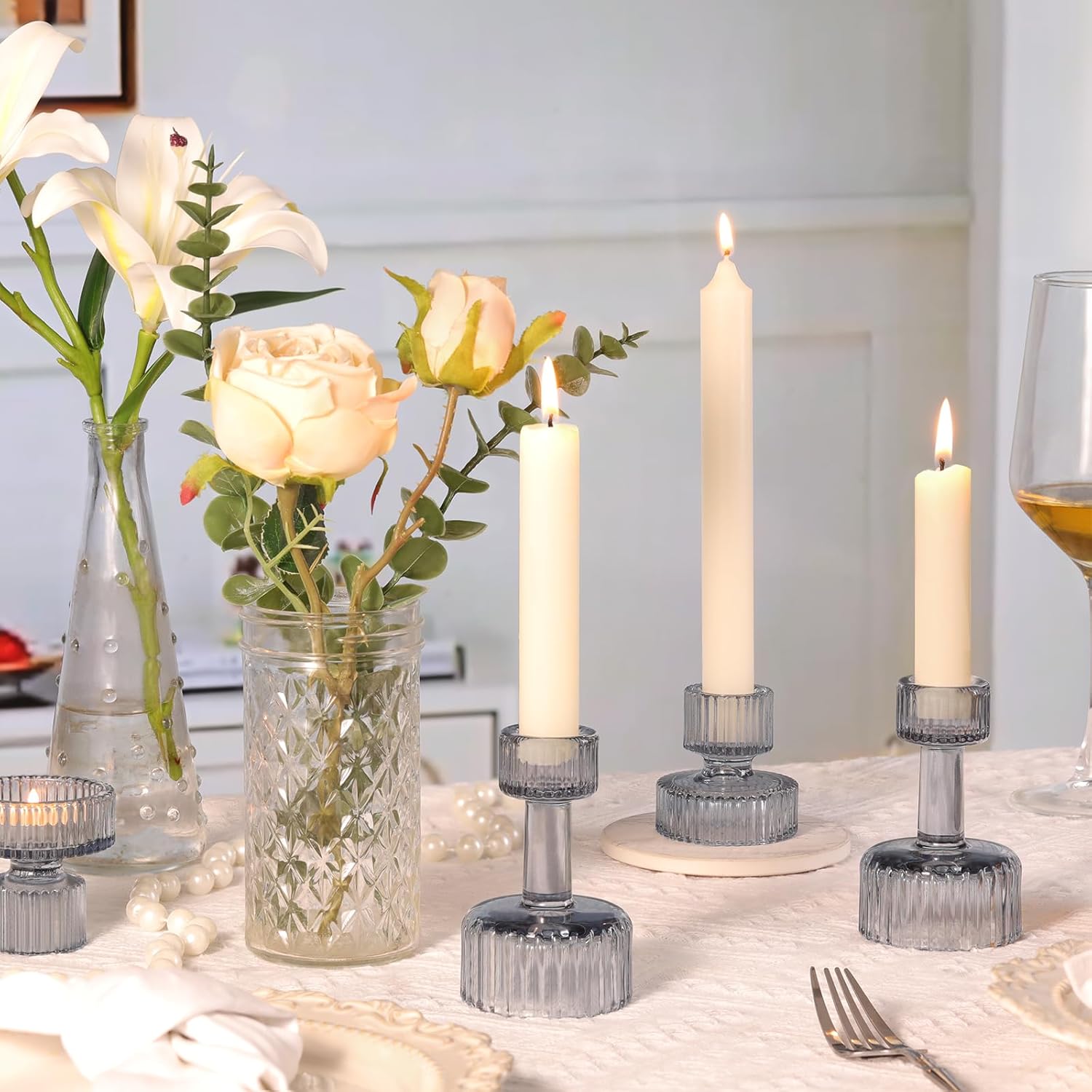 Candlestick Holders Bulk, 6 Pcs Blue Combination Candle Holders Set, Crystal Candle Holders for Wedding, Table Centerpiece, Home Decoration - Image 4