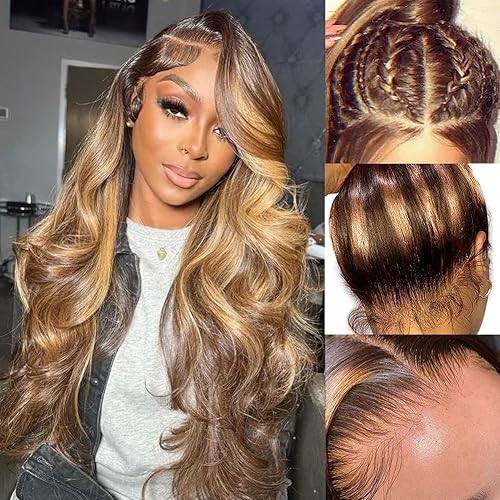 SFD 360 Highlight Ombre Lace Front Wigs Human Hair Honey Blonde Body Wave Wig 180 Density Pre Plucked 360 HD Transparent Lace Front Human Hair Wigs for women 4/27 Colored Wig （20 Inch）