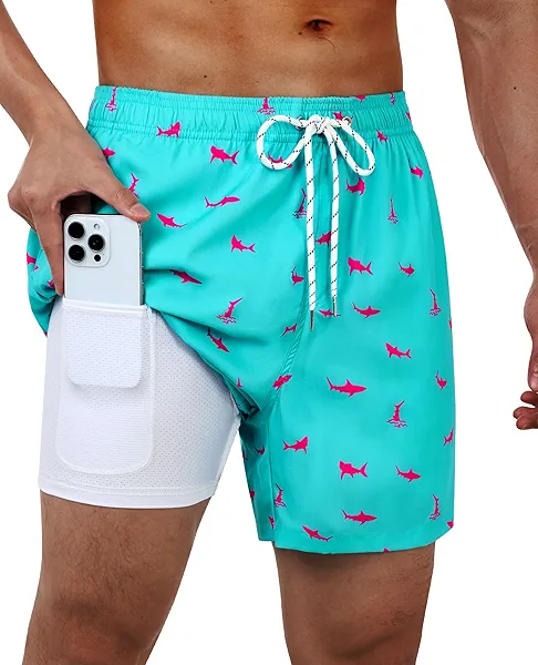 Gleeease Swim Trunks Mens 5 Inch Inseam Compression Liner Short Men Bathing Suit Lined Swimming Shorts Men's Swim Suits