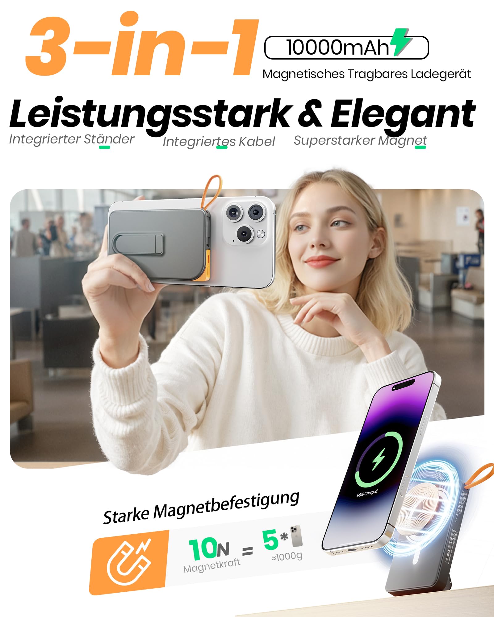 Power Bank für MagSafe iPhone 10000mAh, 3 in 1 Magnetische Schnellladen PowerBank for i-Phone Air 17/16/15/14/13/12, Wireless Powerbanks Handy mit integriertem USB-C Kabel & Ständer für Android