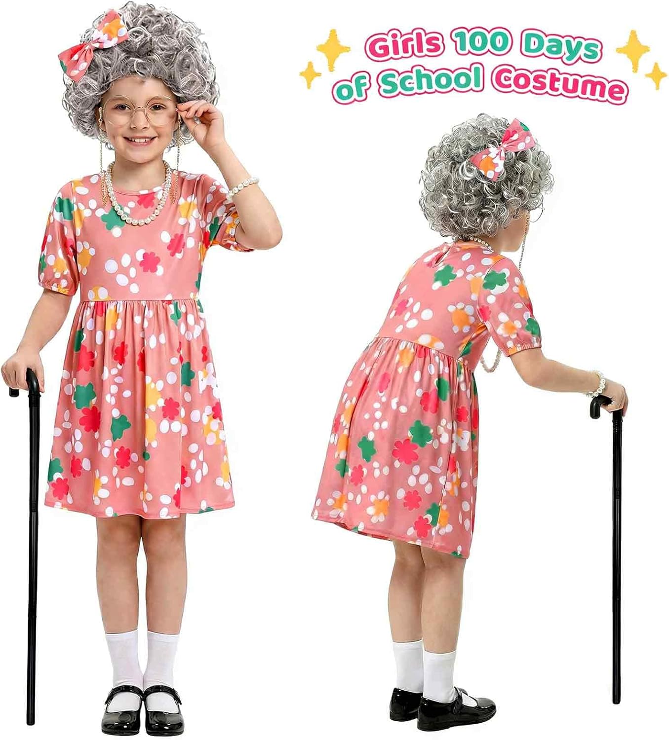 Old Lady Costume for Kids Girls 100 Days of School Costume 100th Day Granny Outfit Grandma Dress Up Kit Accessory - Image 4