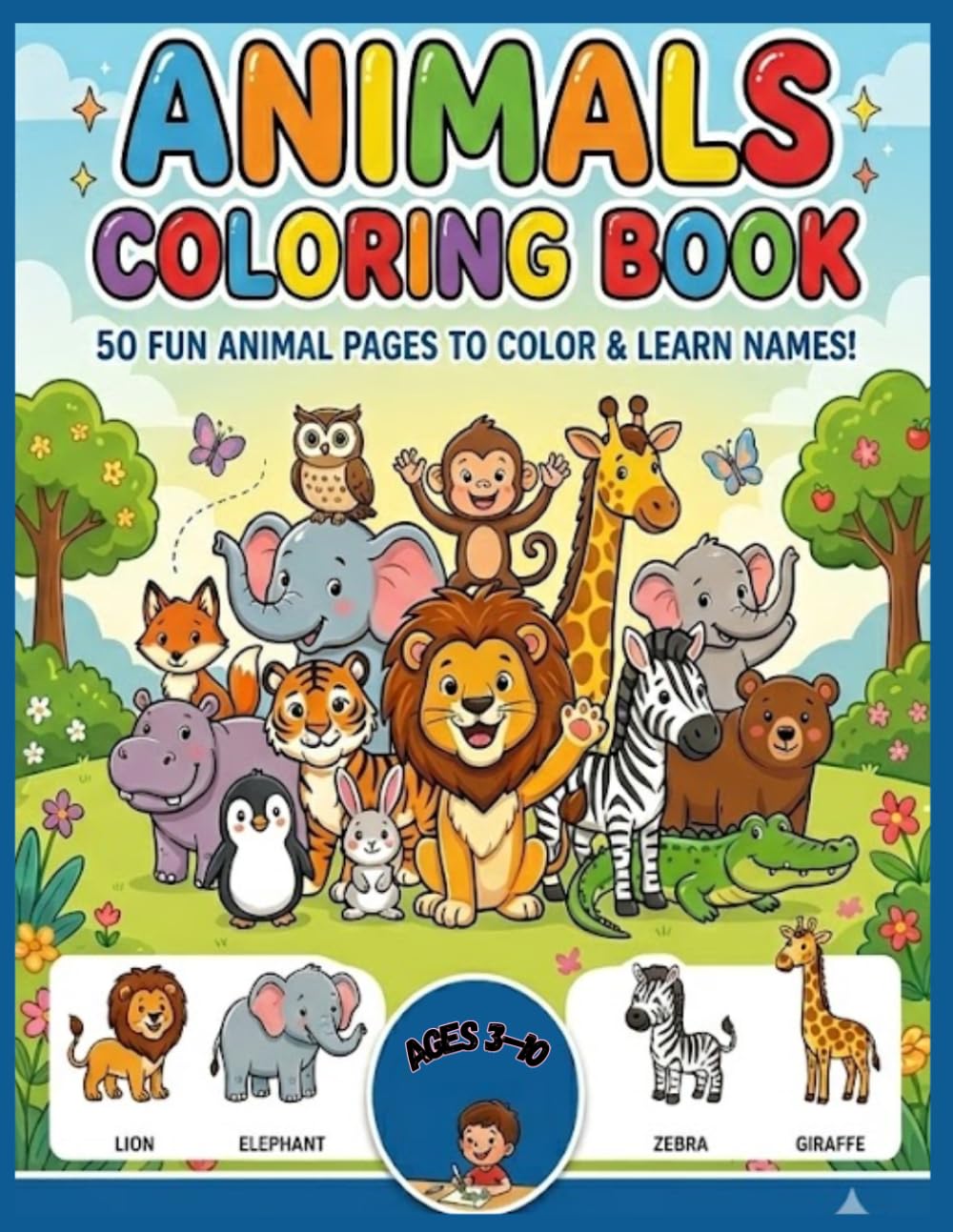 Animals Coloring Book for Kids: 50 Fun Animal Illustrations to Color and Learn Names: An Educational Activity Book for Toddlers and Kids Ages 3-10