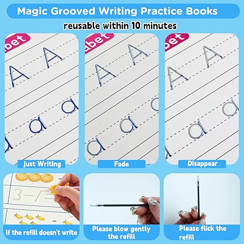 Miniatura 20 de AALGO Magic Grooved - Cuaderno de práctica con bolígrafos, 5 cuadernos de escritura a mano reutilizables, para aprender a escribir números