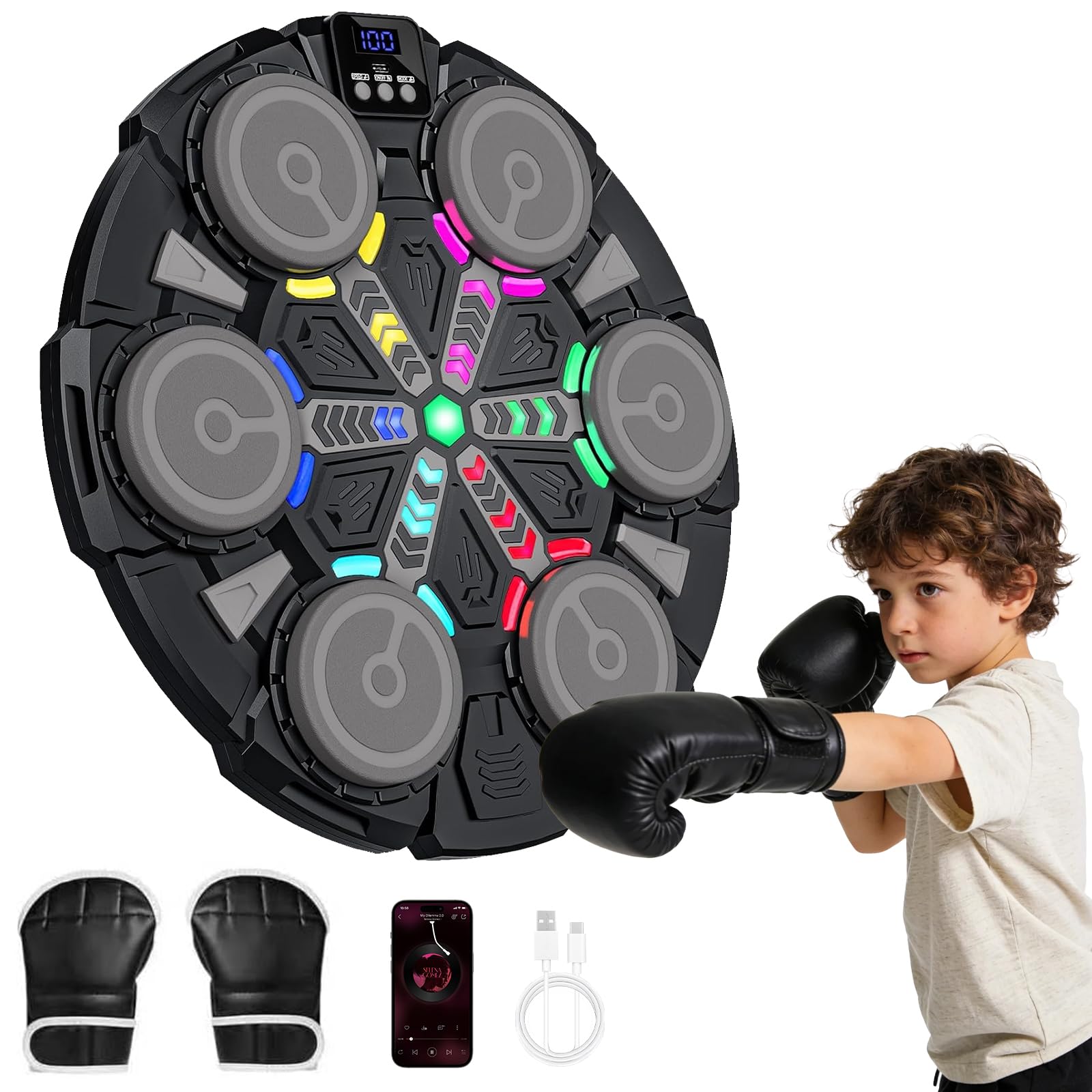 xinrongda Music Boxing Machine, Smart Music Boxing Training Equipment with LED Lights and Bluetooth Speaker,Wall-Mount Punching Pad,Smart Fitness Home Workout Equipment for Adults and Kids