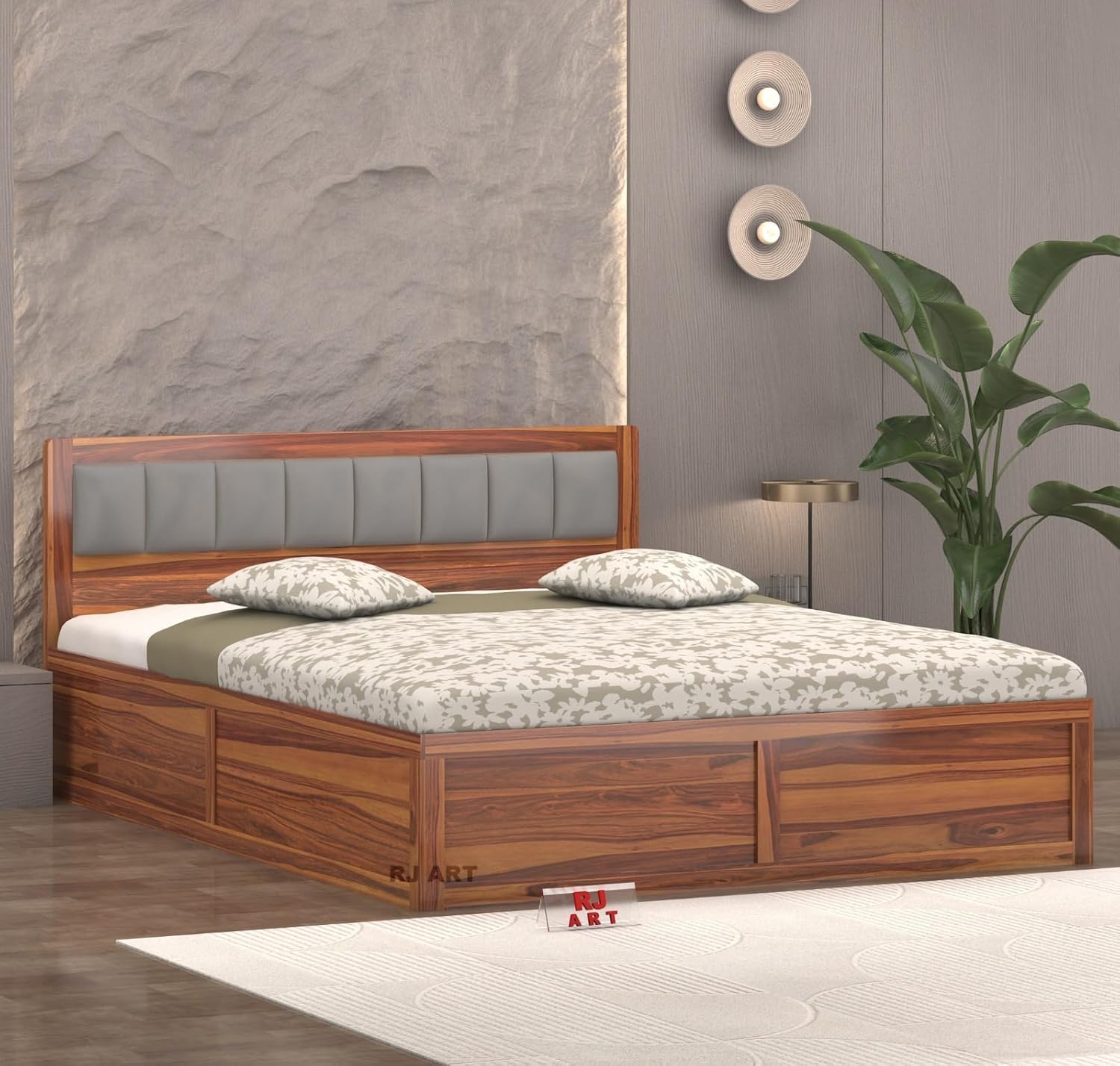 Wooden King Size Bed with Storage | Double Bed Cot Bed with Box Storage & Upholstered Cushioned Headboard for Bedroom | Sheesham Wood, Teak Finish, Recommended Mattress Size: 78 X 72-image-33