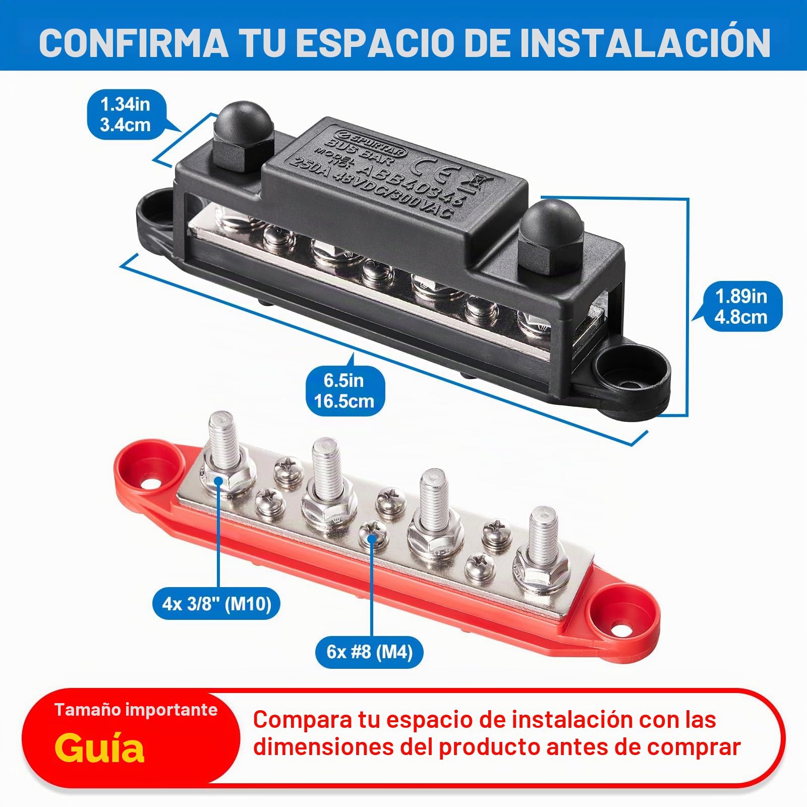 Spurtar Barra Colectora 250A 12V–48V con 4x M10 Pernos y 6x M4 Tornillos, Bloque de Distribución de Energía para Coche, Barco, RV 16,5 × 3,4 × 4,8 cm – No Apto Para Espacios Reducidos