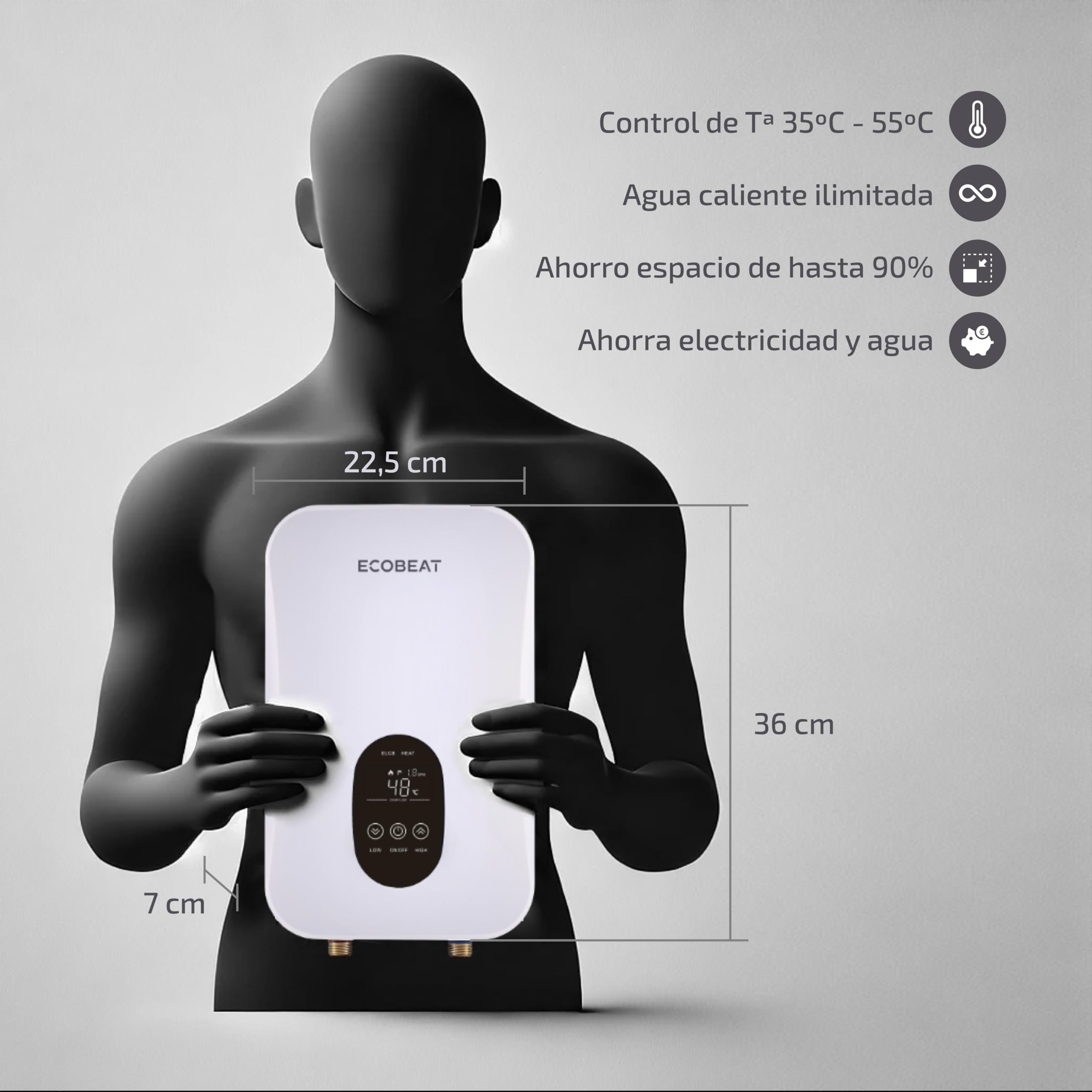 EcoBeat Calentador de Agua Instantáneo Eléctrico Compacto (Tamaño folio), Termo Sin Tanque, Pantalla LED Táctil con temperatura graduable. (5500 W)