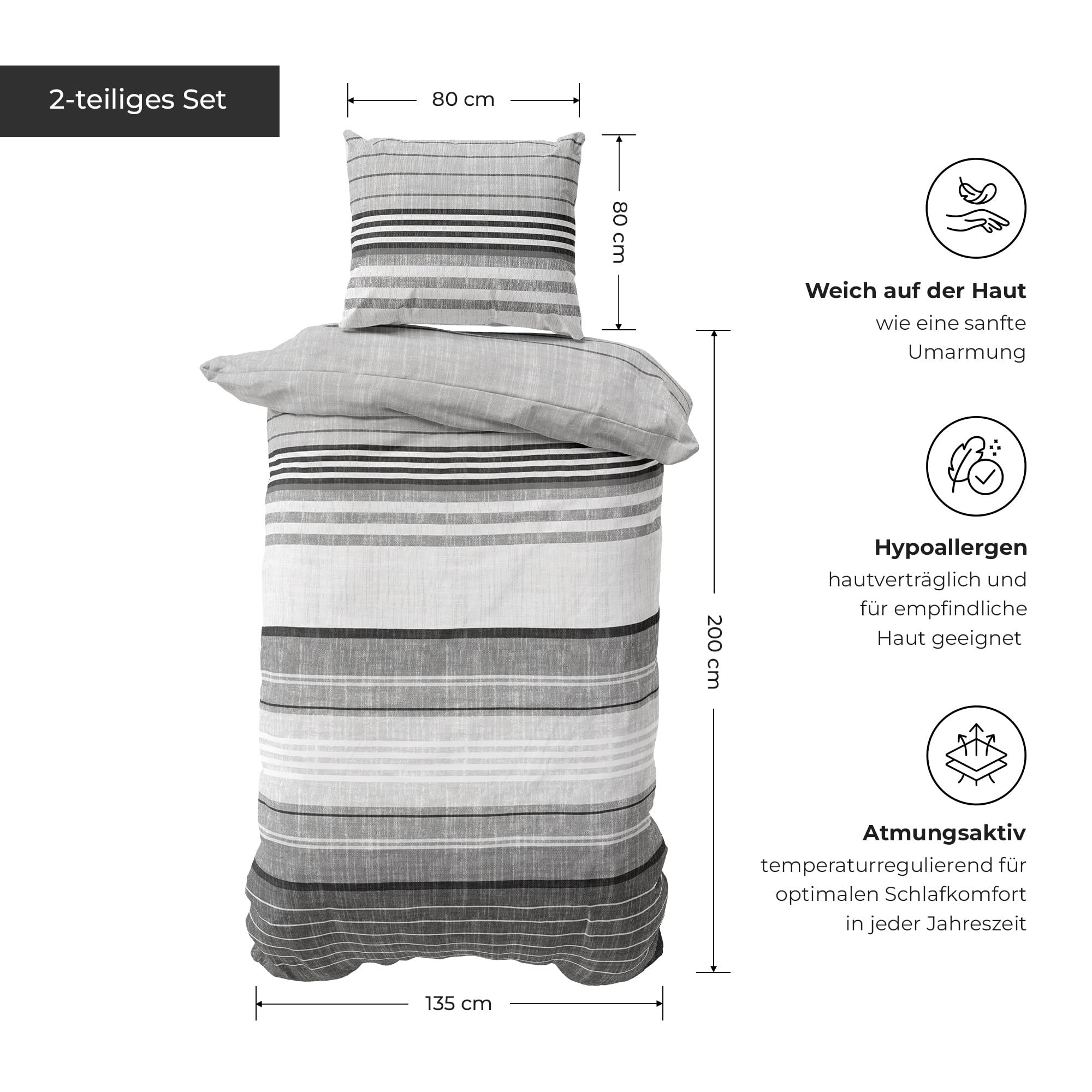 Pościel premium 135 x 200 – 100% bawełna, certyfikat Öko-Tex, Renforcé oddychająca i antyalergiczna, z zamkiem błyskawicznym, 2-częściowa poszewka na poduszkę 80 x 80 cm, szara, biała