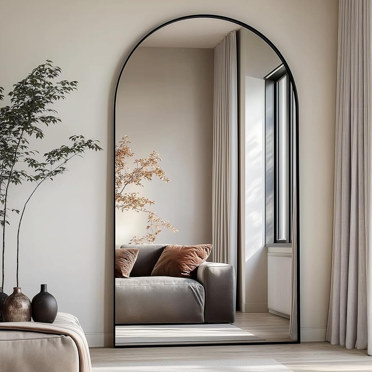 Dewfig Arched Full Length Mirror, 76"x34" Large Floor Mirror, Full Body Mirrors for Leaning or Hanging, Standing Mirrors for Bedroom, Living Room,Dressing Room, Aluminum Alloy Frame, Black