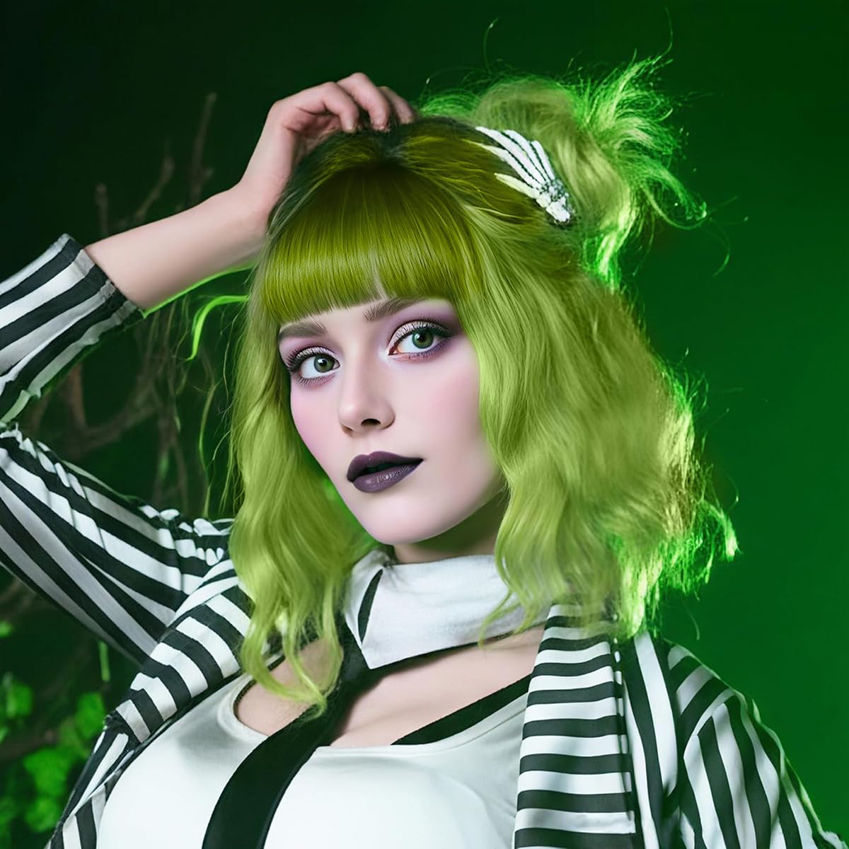 PARXITN Kurze Bob Perücke Damen mit Pony Karneval Haar Bunt Täglich Party Halloween Cosplay Gewellte Lockige Perücken Fasching für Frauen 12 Zoll Ombré Grün-Dunkelgrün