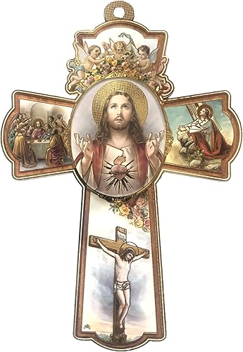 Gigi's Classy Kids Cruz de madera italiana del Sagrado Corazón de Jesús, regalo religioso Sagrado Corazon (8 pulgadas)