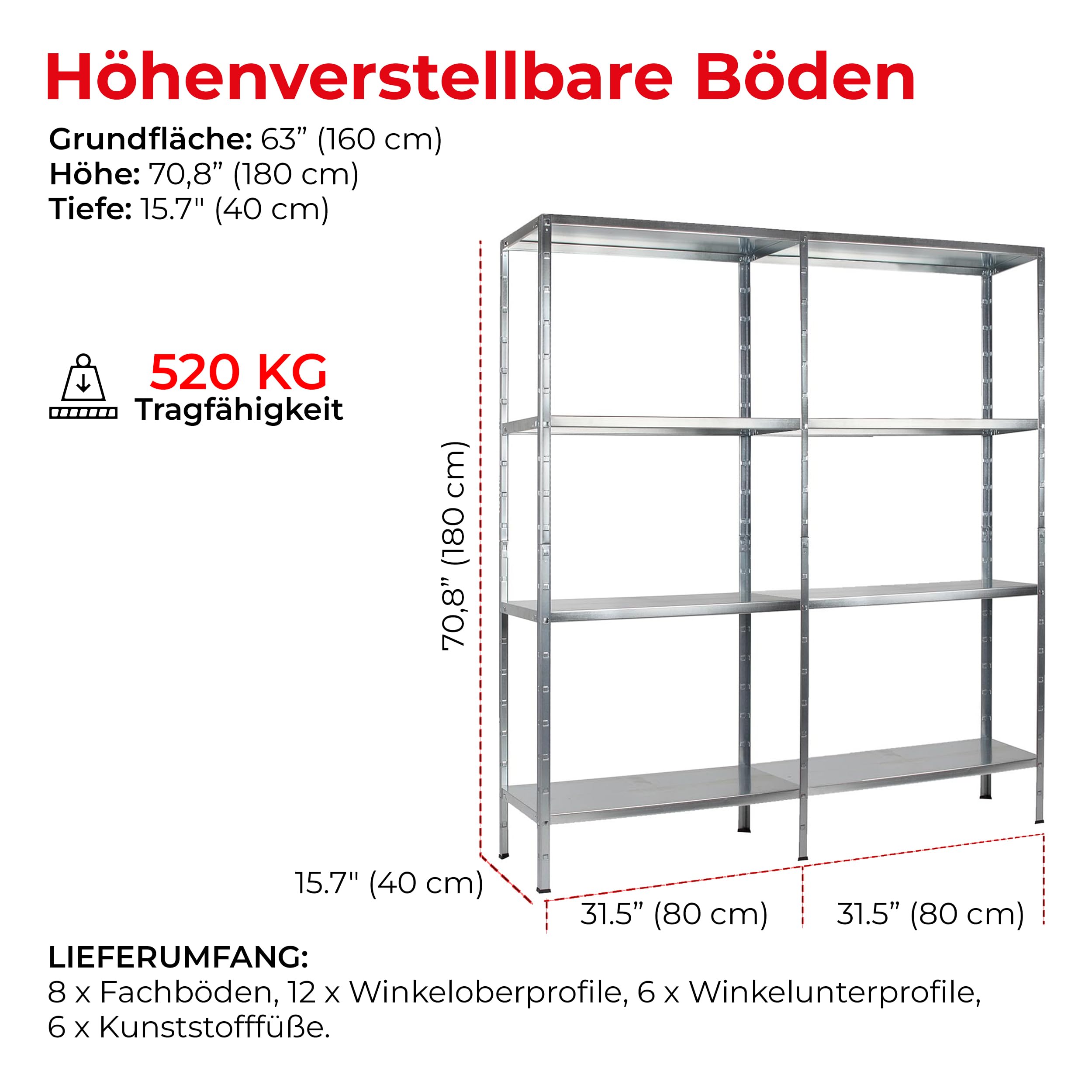 SCHULTE Regalwelt | Steckregal - Metallregal 180 x 160 x 40 cm | Kellerregal - Lagerregal | 520 KG Belastung | Regal Metall - Regalsystem - Buchregal - Regale für Kellerraum | Made in Germany