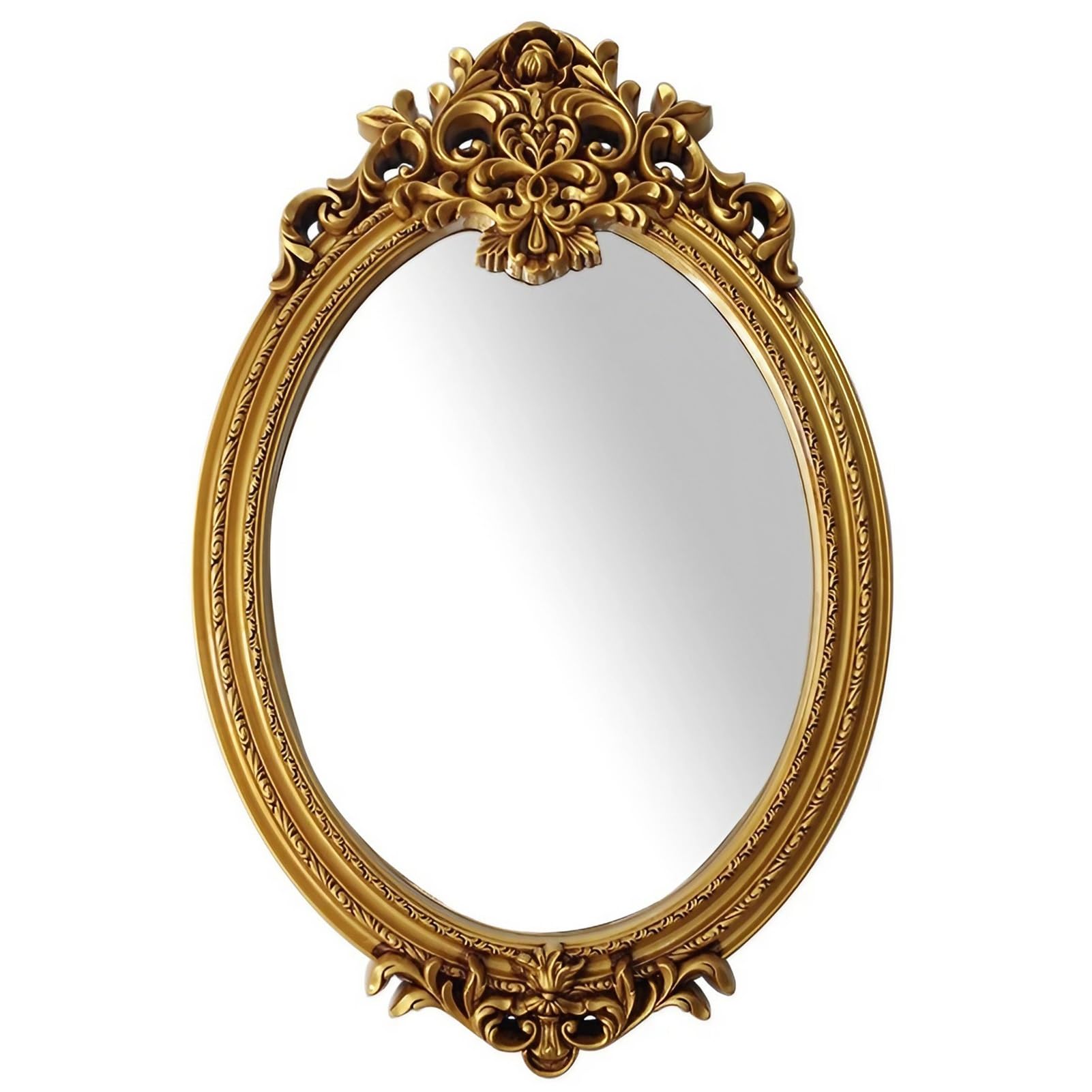 FGXHHS Large Decorative Wall Mirror, Traditional Ornate Floral Carved Oval Vanity Mirror for Dresser Decor Bedroom Living Room, Antique Home Decor, Gold (70×105cm)
