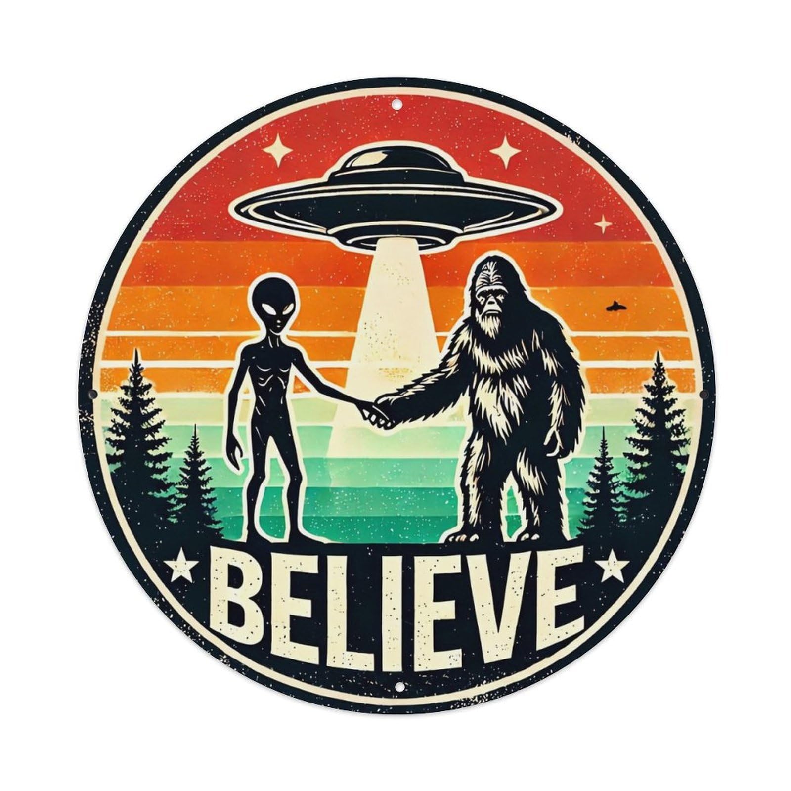 Alien And Bigfoot Shaking Hands Metal Tin Sign Plaque