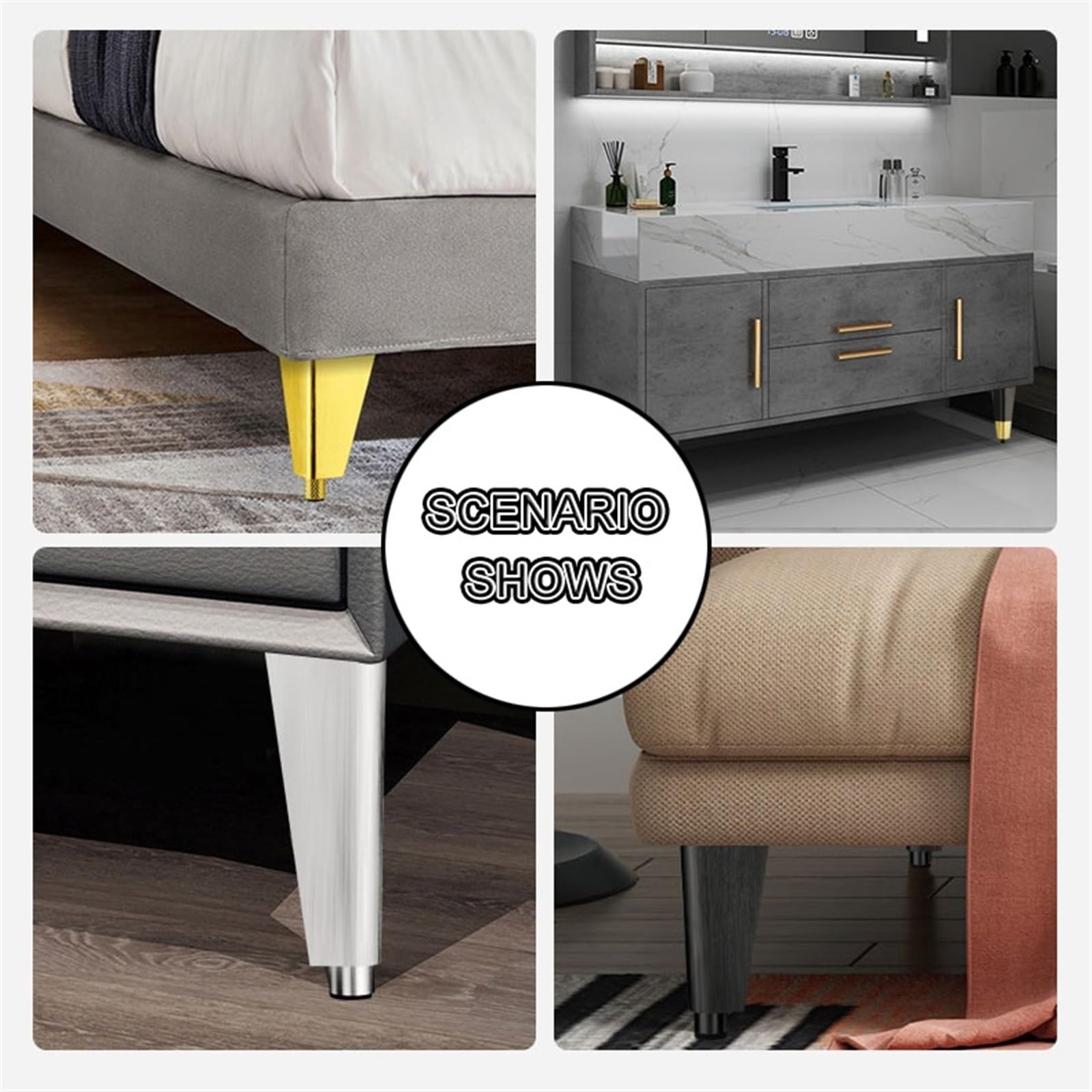 Patas de sofá ajustables de aluminio de 20 cm, juego de 4 patas plateadas para muebles y sofás, fácil de instalar con tornillos, perfecto para decoración del hogar y el baño