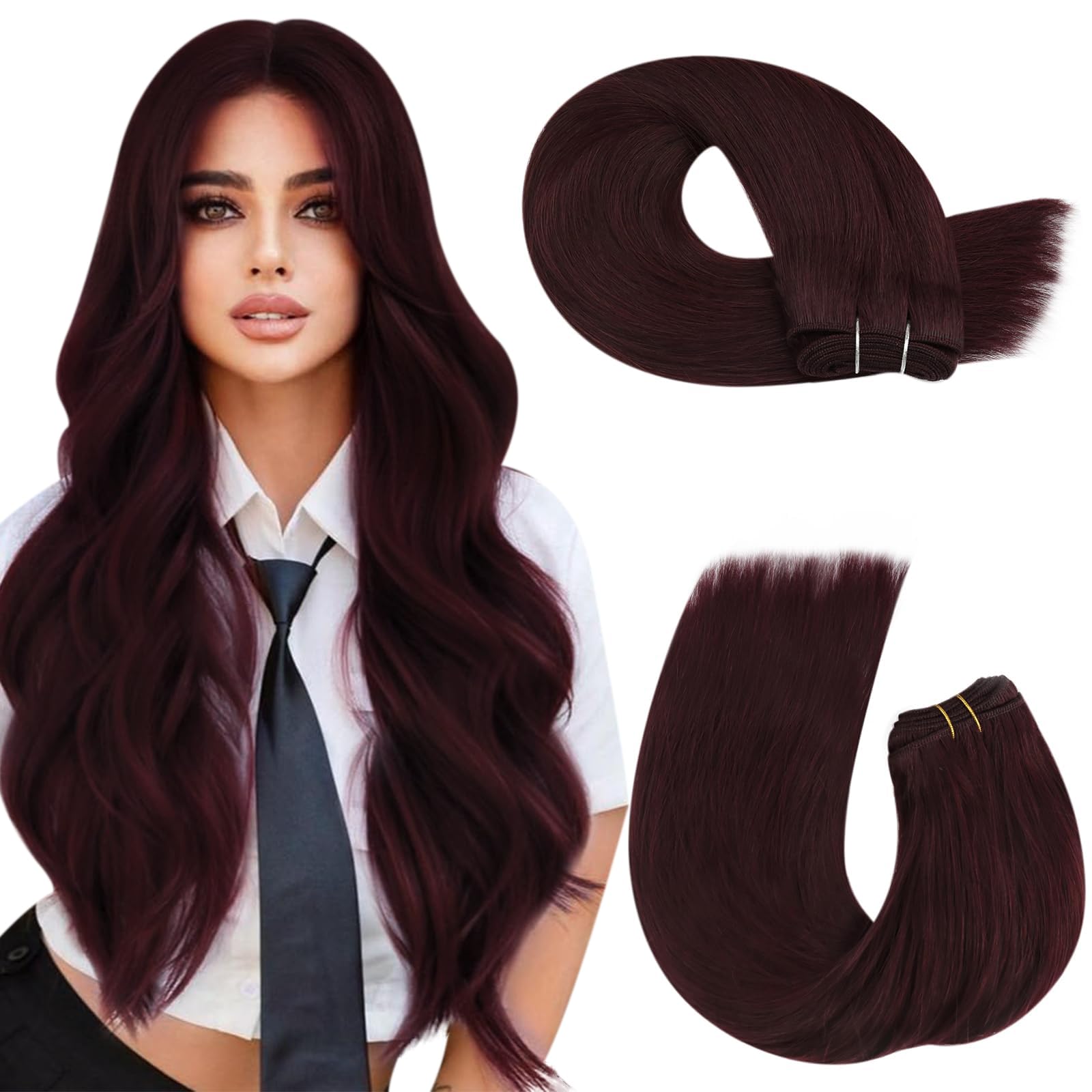 Moresoo Weft Hair Extensions Human Hair Dark Red Remy Double Weft Sew in Hair Extensions Real Human Hair Thick 100G #99J 22 Inch