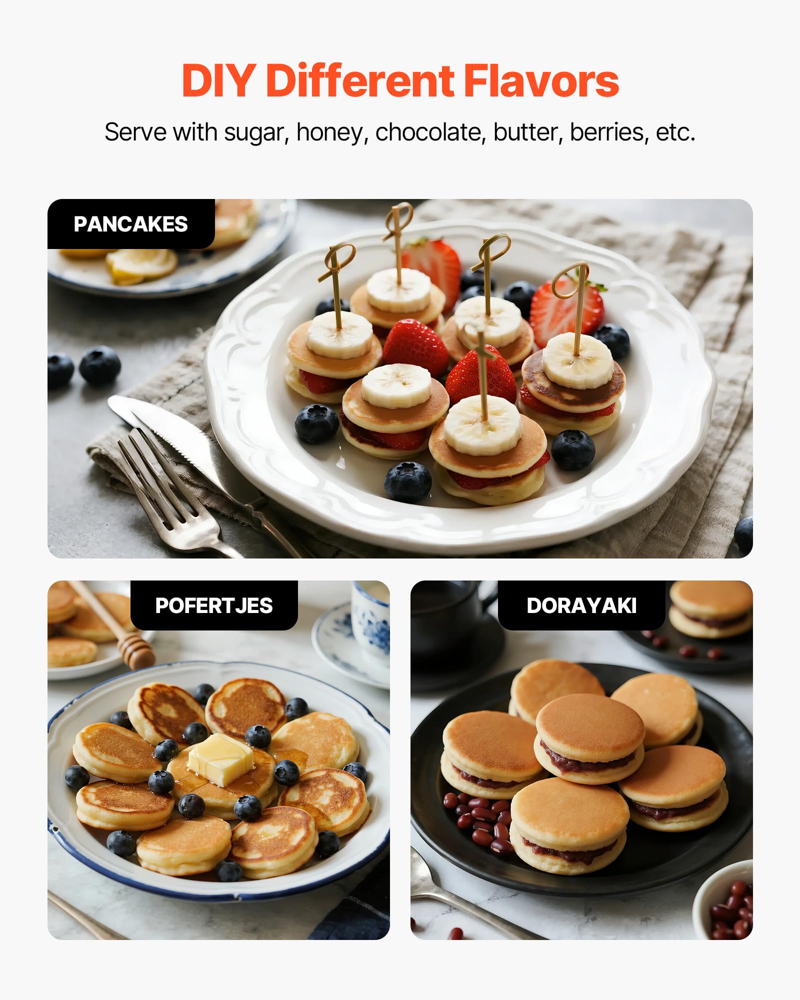 VEVOR Mini Crêpière Électrique, Appareil à Pancakes Capacité 25PCS de 43 mm de Diamètre, Machine à Poffertjes Dorayaki Grille Antiadhésive en Inox, Contrôle de la Température et du Temps, Cuisine